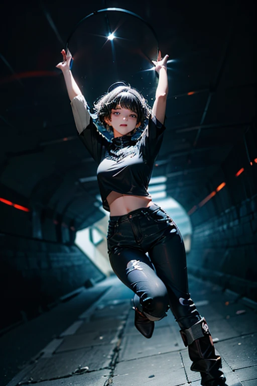 from below, young woman, pretty face, short cut hair, bangs, blurred background, blur, background is future tunnel , chromatic aberration, knee high, looking up, motion blur, Photo_Curly , real Photo_Curly, blue multi-colored futuristic outfit, real, high-tech boots, short pants, jump, solo, horizon, looks like a model