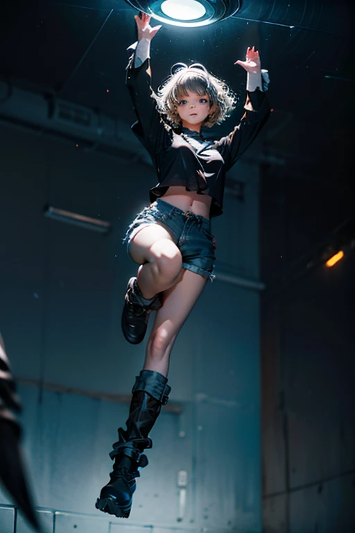 from below, young woman, pretty face, short cut hair, bangs, blurred background, blur, background is future tunnel , chromatic aberration, knee high, looking up, motion blur, Photo_Curly , real Photo_Curly, blue multi-colored futuristic outfit, real, high-tech boots, short pants, jump, solo, horizon, looks like a model