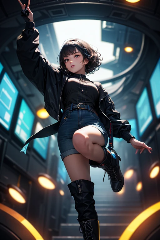 from below, young woman, pretty face, short cut hair, bangs, blurred background, blur, background is future tunnel , chromatic aberration, knee high, looking up, motion blur, Photo_Curly , real Photo_Curly, blue multi-colored futuristic outfit, real, high-tech boots, short pants, jump, solo, horizon, looks like a model