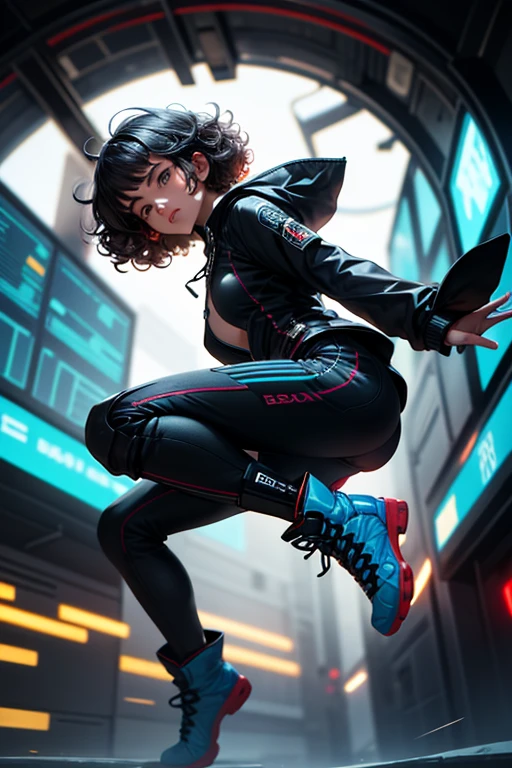 from below, young woman, pretty face, short cut hair, bangs, blurred background, blur, background is future tunnel , chromatic aberration, knee high, looking up, motion blur, Photo_Curly , real Photo_Curly, blue multi-colored futuristic outfit, real, high-tech boots, short pants, jump, solo, horizon, looks like a model