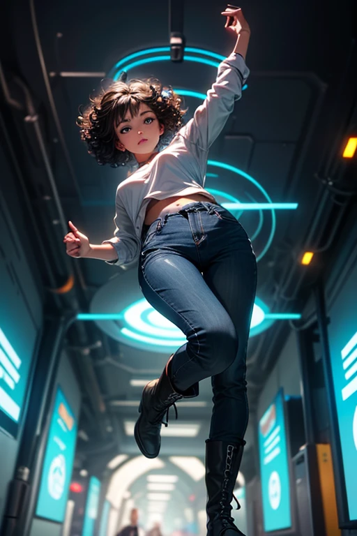 from below, young woman, pretty face, short cut hair, bangs, blurred background, blur, background is future tunnel , chromatic aberration, knee high, looking up, motion blur, Photo_Curly , real Photo_Curly, blue multi-colored futuristic outfit, real, high-tech boots, short pants, jump, solo, horizon, looks like a model