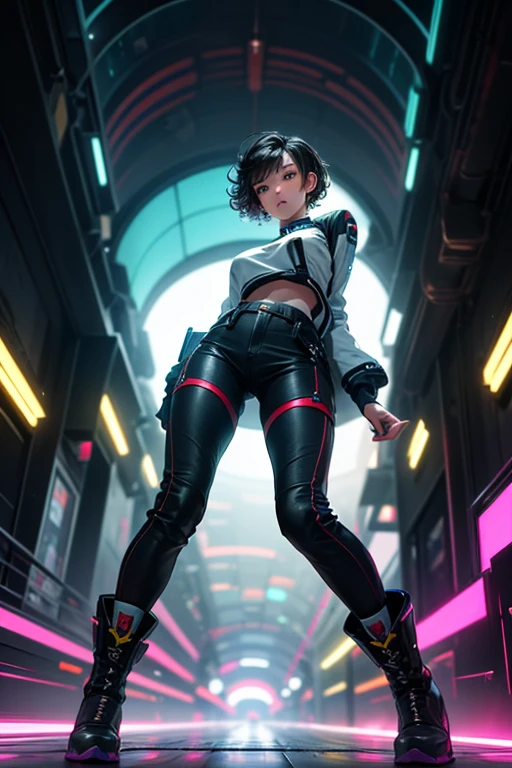 from below, young woman, pretty face, short cut hair, bangs, blurred background, blur, background is future tunnel , chromatic aberration, knee high, looking up, motion blur, Photo_Curly , real Photo_Curly, blue multi-colored futuristic outfit, real, high-tech boots, short pants, jump, solo, horizon, looks like a model