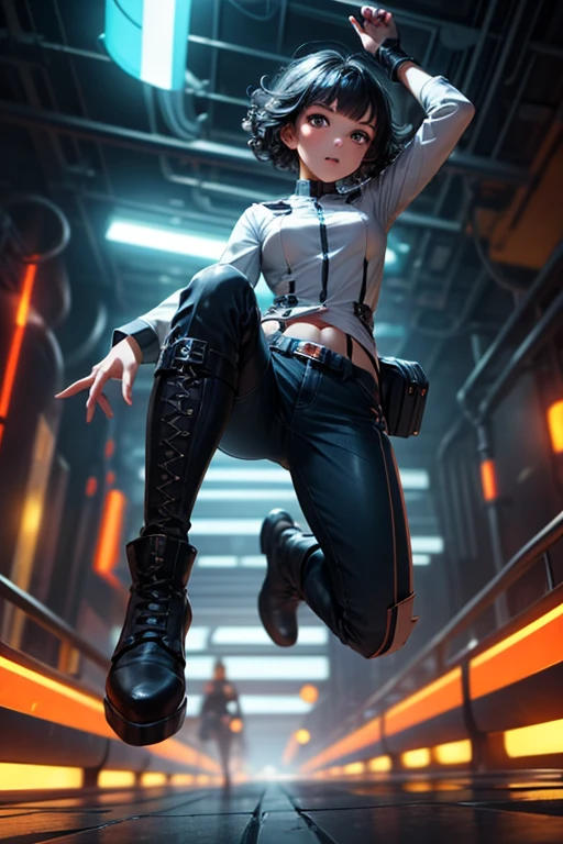 from below, young woman, pretty face, short cut hair, bangs, blurred background, blur, background is future tunnel , chromatic aberration, knee high, looking up, motion blur, Photo_Curly , real Photo_Curly, blue multi-colored futuristic outfit, real, high-tech boots, short pants, jump, solo, horizon, looks like a model