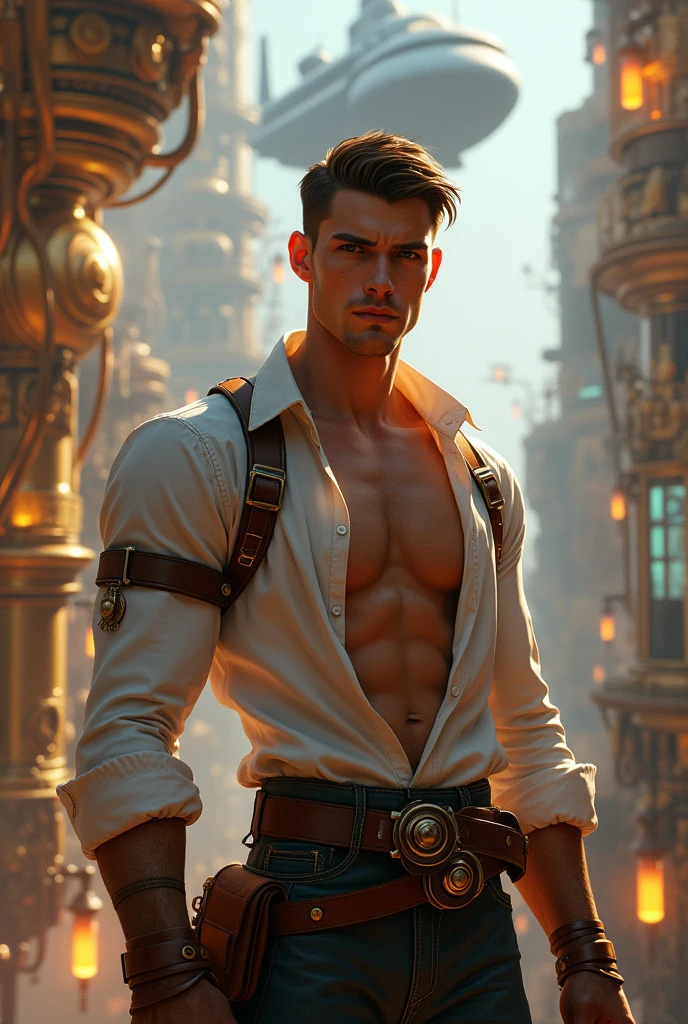 Steampunk Researcher in a Floating City
In a futuristic floating city, a hot, muscular young researcher stands on the deck of a brass and glass laboratory. His tight-fitting, half-open shirt clings to his broad chest and abs, with leather straps and brass details enhancing the modern steampunk aesthetic. His short hair is slicked back, and his smooth white skin catches the warm light of floating lanterns and glowing screens. Behind him, copper and brass towers rise into the sky, with airships hovering nearby. His gaze, intense and captivating, locks on the viewer, radiating allure and confidence.