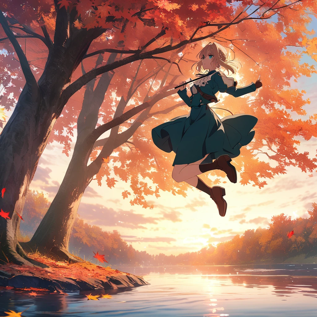 Anime scene of a woman holding an umbrella, (Violet Evergarden). Beautiful autumn scenery, anime girl jumping over the lake, autumn leaves dancing in the wind, vibrant autumn colors, maple tree with autumn leaves, romanticism, best anime 4k wallpapers, epic anime shots, screenshots of anime movies.