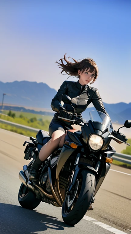 There is a woman riding a black 1300cc motorbike on the road.., (((Wheelie))) Driving a 1300cc motorcycle on a straight highway, America. (This scene、It captures the speed and power of the scene..))), (((Dynamic and powerful composition))