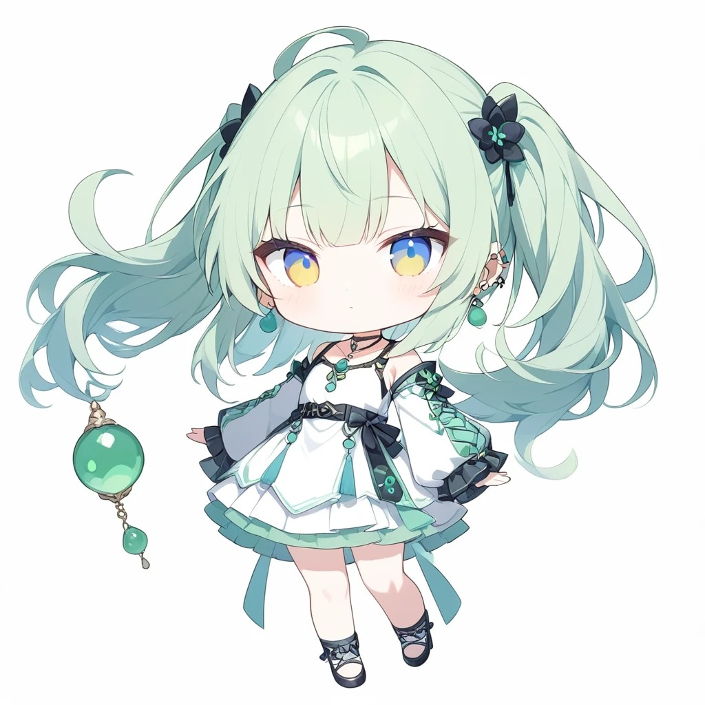 (((anime))),Character Icon,Pastel One Woman,Chibi,Whole body shot,Gal,Long Hair,(Green Hair),Diagonal bangs piercing,necklace,(Jade Gemstones),Look here,Heterochromia iridis,Right eye is yellow,Left eye is blue,Big Eyes One Shoulder Dress,Volume sleeves,(black),Simple Background,white,Backlight,masterpiece,Please redeem,Exquisite,8k,Absurd,Ultra-thin illustration,(Browse your viewers)