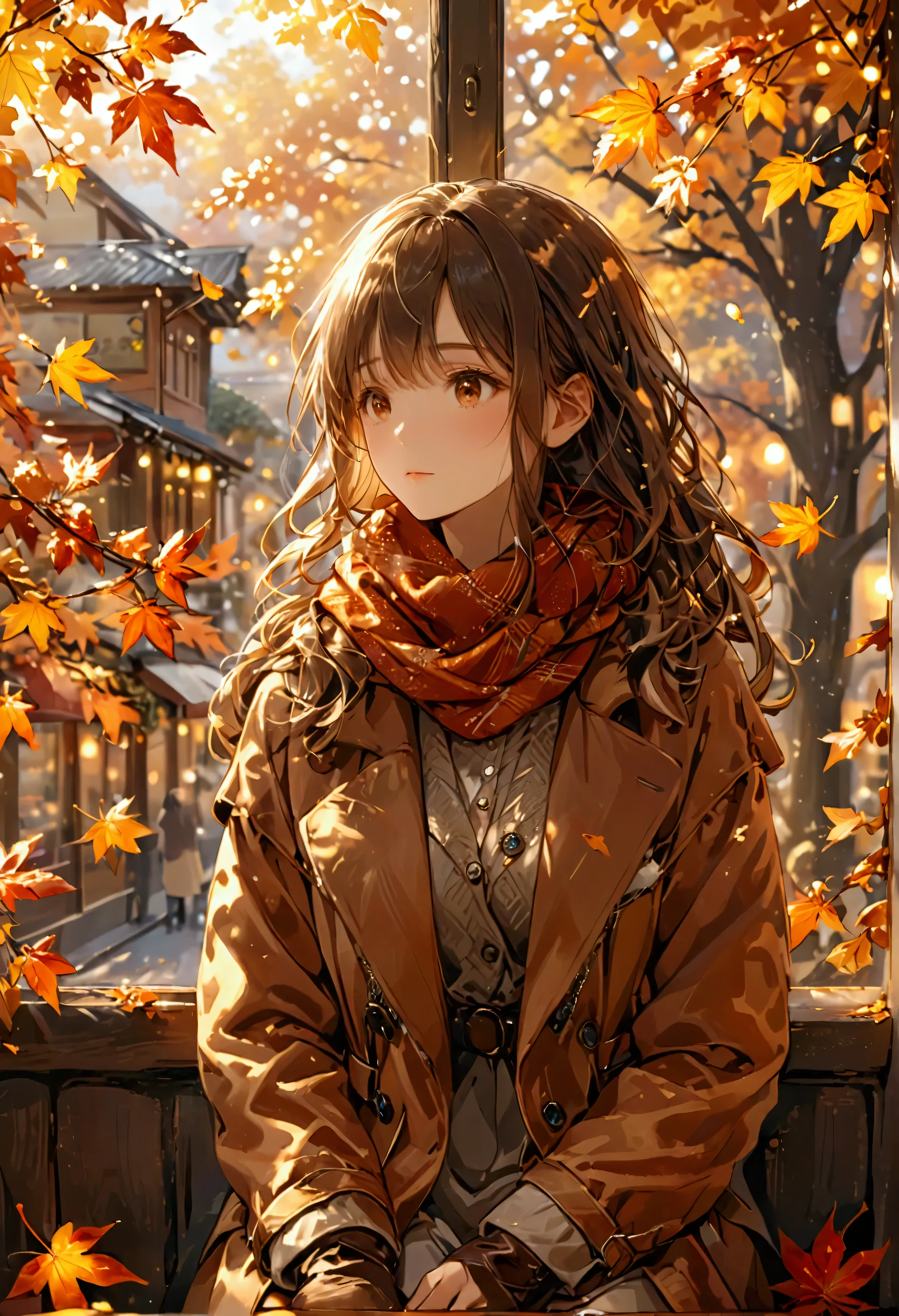 Generate a beautiful anime-themed image of a stylish Japanese college girl sitting in a cozy cafe during autumn. The scene should be inspired by the elegant, character-focused style of Makoto Shinkai, known for his breathtaking attention to detail and atmospheric settings. The girl is wearing a posh autumn outfit, including a chic coat, scarf, and boots in warm tones of beige, maroon, and brown. Outside the window, autumn leaves are falling softly, casting a golden glow from the late afternoon sunlight.

The angle is slightly angled from above, capturing both her thoughtful expression as she gazes out the window, and the detailed interior of the cafe with warm lighting. The soft, ambient light reflects off the wooden surfaces and decor, creating a comforting, autumnal atmosphere. The background features blurred bokeh effects of other patrons and warm-colored decor to evoke a sense of depth and coziness.

Post-processing should enhance the gentle lighting and warm tones, emphasizing the autumn hues of the falling leaves and the girl’s stylish attire. The mood should feel intimate, inviting, and nostalgic.