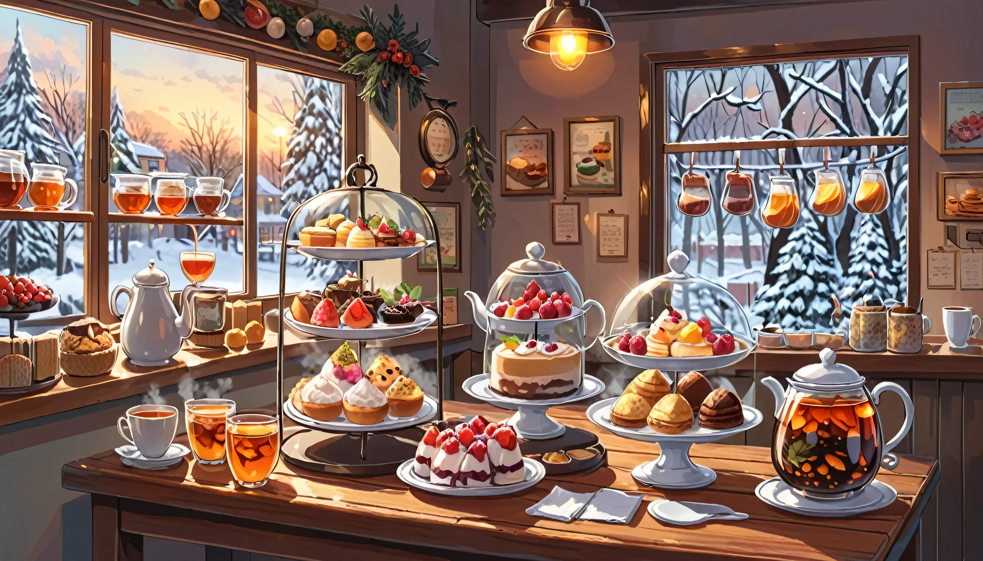 A simple childish vector illustration of A cozy winter cafe scene with steaming fruit-infused teas and desserts on display.