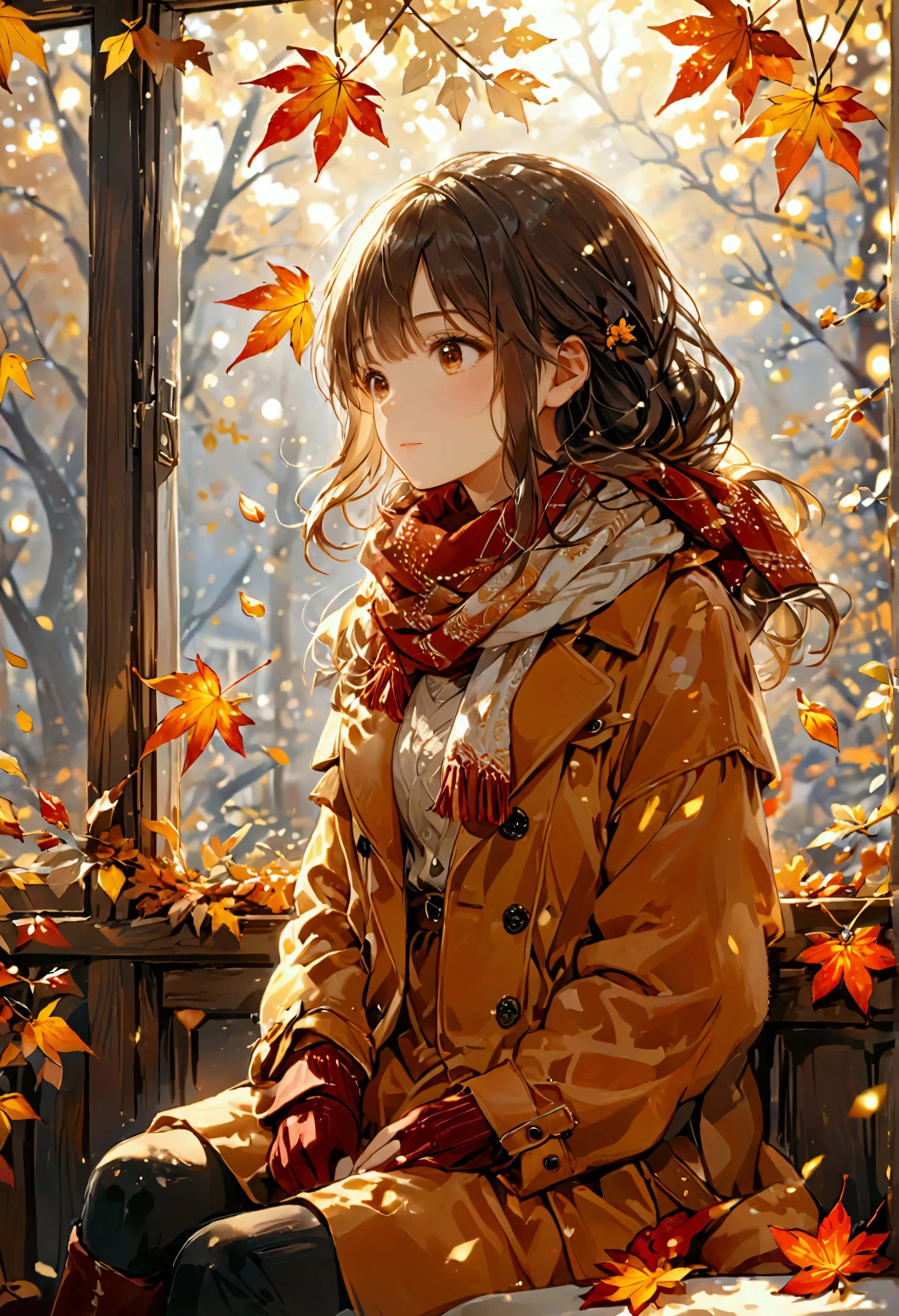 Generate a beautiful anime-themed image of a stylish Japanese college girl sitting in a cozy cafe during autumn. The scene should be inspired by the elegant, character-focused style of Makoto Shinkai, known for his breathtaking attention to detail and atmospheric settings. The girl is wearing a posh autumn outfit, including a chic coat, scarf, and boots in warm tones of beige, maroon, and brown. Outside the window, autumn leaves are falling softly, casting a golden glow from the late afternoon sunlight.

The angle is slightly angled from above, capturing both her thoughtful expression as she gazes out the window, and the detailed interior of the cafe with warm lighting. The soft, ambient light reflects off the wooden surfaces and decor, creating a comforting, autumnal atmosphere. The background features blurred bokeh effects of other patrons and warm-colored decor to evoke a sense of depth and coziness.

Post-processing should enhance the gentle lighting and warm tones, emphasizing the autumn hues of the falling leaves and the girl’s stylish attire. The mood should feel intimate, inviting, and nostalgic.