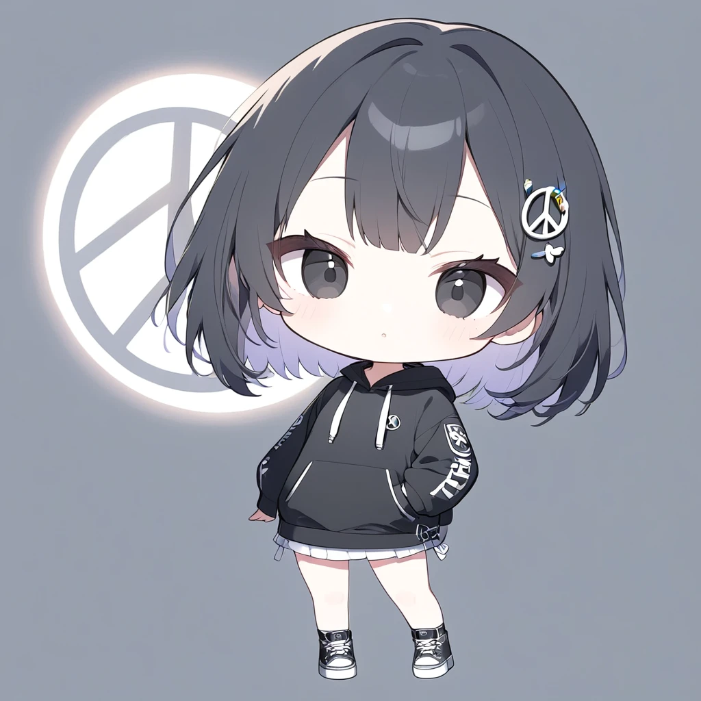 (((anime))),Character Icon,Pastel One Woman,Chibi,Whole body shot,Gal,Peace sign,Black Eyes,Black Hair,Short Hair, Black hoodie,whiteいミニスカート,Black sneakers,Simple Background,white,Backlight,masterpiece,Please redeem,Exquisite,8k,Absurd,Ultra-thin illustration,(Browse your viewers)