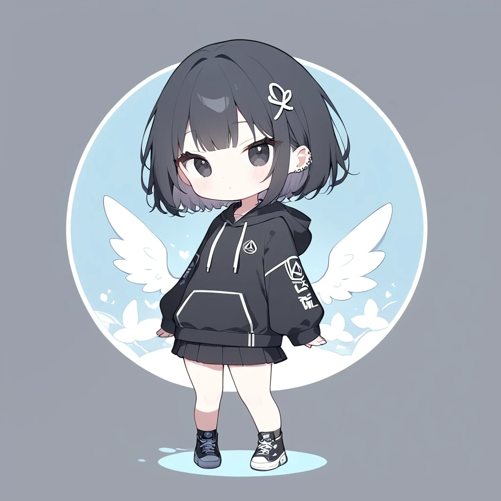 (((anime))),Character Icon,Pastel One Woman,Chibi,Whole body shot,Gal,Peace sign,Black Eyes,Black Hair,Short Hair, Black hoodie,whiteいミニスカート,Black sneakers,Simple Background,white,Backlight,masterpiece,Please redeem,Exquisite,8k,Absurd,Ultra-thin illustration,(Browse your viewers)