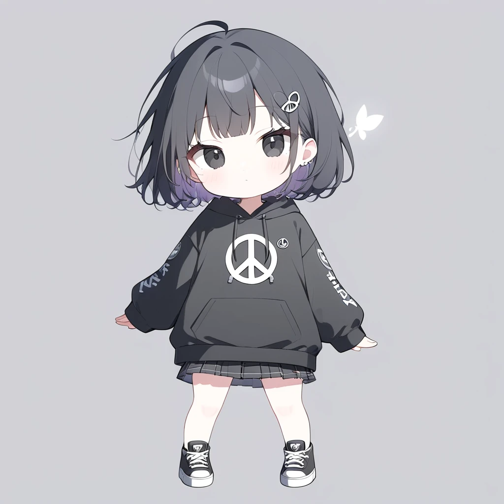 (((anime))),Character Icon,Pastel One Woman,Chibi,Whole body shot,Gal,Peace sign,Black Eyes,Black Hair,Short Hair, Black hoodie,whiteいミニスカート,Black sneakers,Simple Background,white,Backlight,masterpiece,Please redeem,Exquisite,8k,Absurd,Ultra-thin illustration,(Browse your viewers)