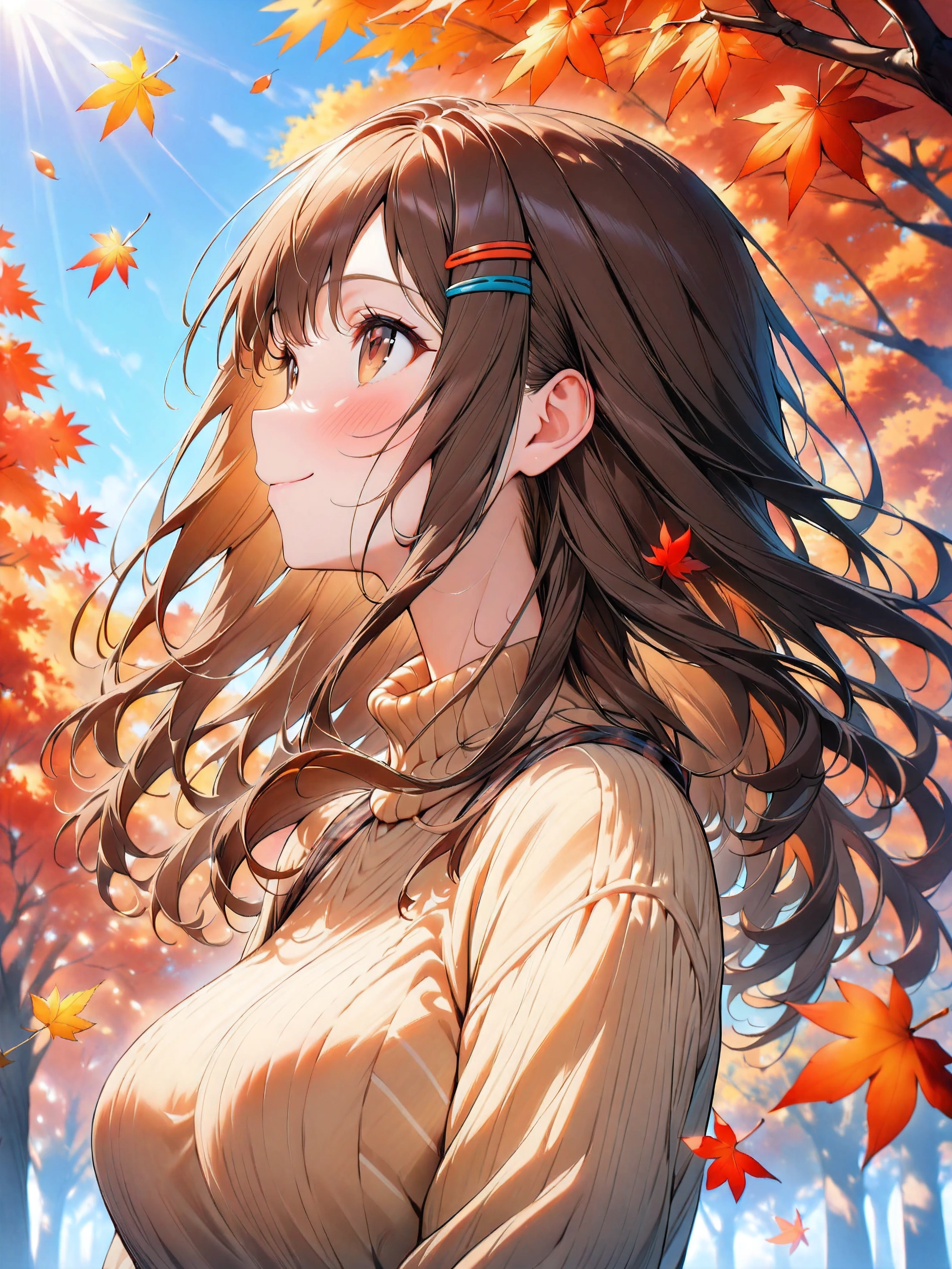 cute girl, (medium hair), (shoulder length hair:1.2), wavy brown hair, colorful hairpins, (bright expressive brown eyes), slight blush, petite body, (short stack), (big breasts:0.4), natural round breasts, profile, looking up, autumn leaves, leaf peeping, cute outfit, knit sweater, plaid skirt, casual autumn clothes, smiling, hair flowing in the wind, holding a red leaf, surrounded by trees in a park, autumn nature, red and orange leaves, clear blue sky, soft sunlight, colorful background, (masterpiece, best Quality, 16k), high Quality Face, highly Quality background