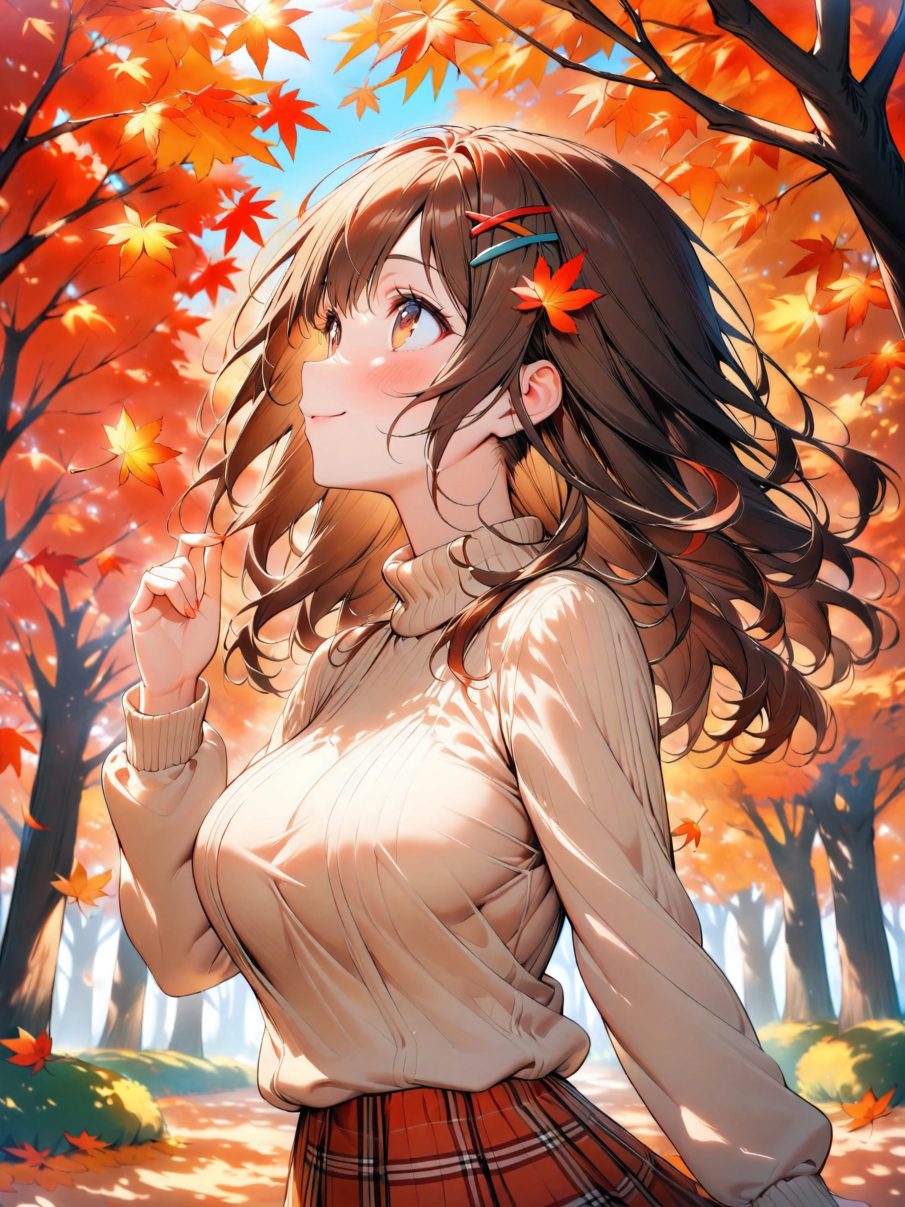 cute girl, (medium hair), (shoulder length hair:1.2), wavy brown hair, colorful hairpins, (bright expressive brown eyes), slight blush, petite body, (short stack), (big breasts:0.4), natural round breasts, profile, looking up, autumn leaves, leaf peeping, cute outfit, knit sweater, plaid skirt, casual autumn clothes, smiling, hair flowing in the wind, holding a red leaf, surrounded by trees in a park, autumn nature, red and orange leaves, clear blue sky, soft sunlight, colorful background, (masterpiece, best Quality, 16k), high Quality Face, highly Quality background