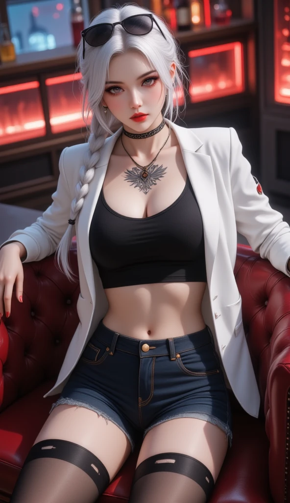 realistically, Full body photo, sharp face, 1 Mafia woman sits leaning against the sofa., beautiful, Incredibly detailed, Perfect type, The most charming idol, Stunning face, Beauty beyond the world, Pure white hair, Ring braid, Brown eyes, Tattoos, ฉันมีTattoosรูปขนนก , Sunglasses on my hair, Lips painted with red lipstick, Kakegurui, White blazer, Crop top, Black denim shorts, tight, Tights, high-heels, Radiant skin, Whiskey bar dark background, Deep neon color, highest quality , The best details, Differences in light and shadow, illustration, High angle view