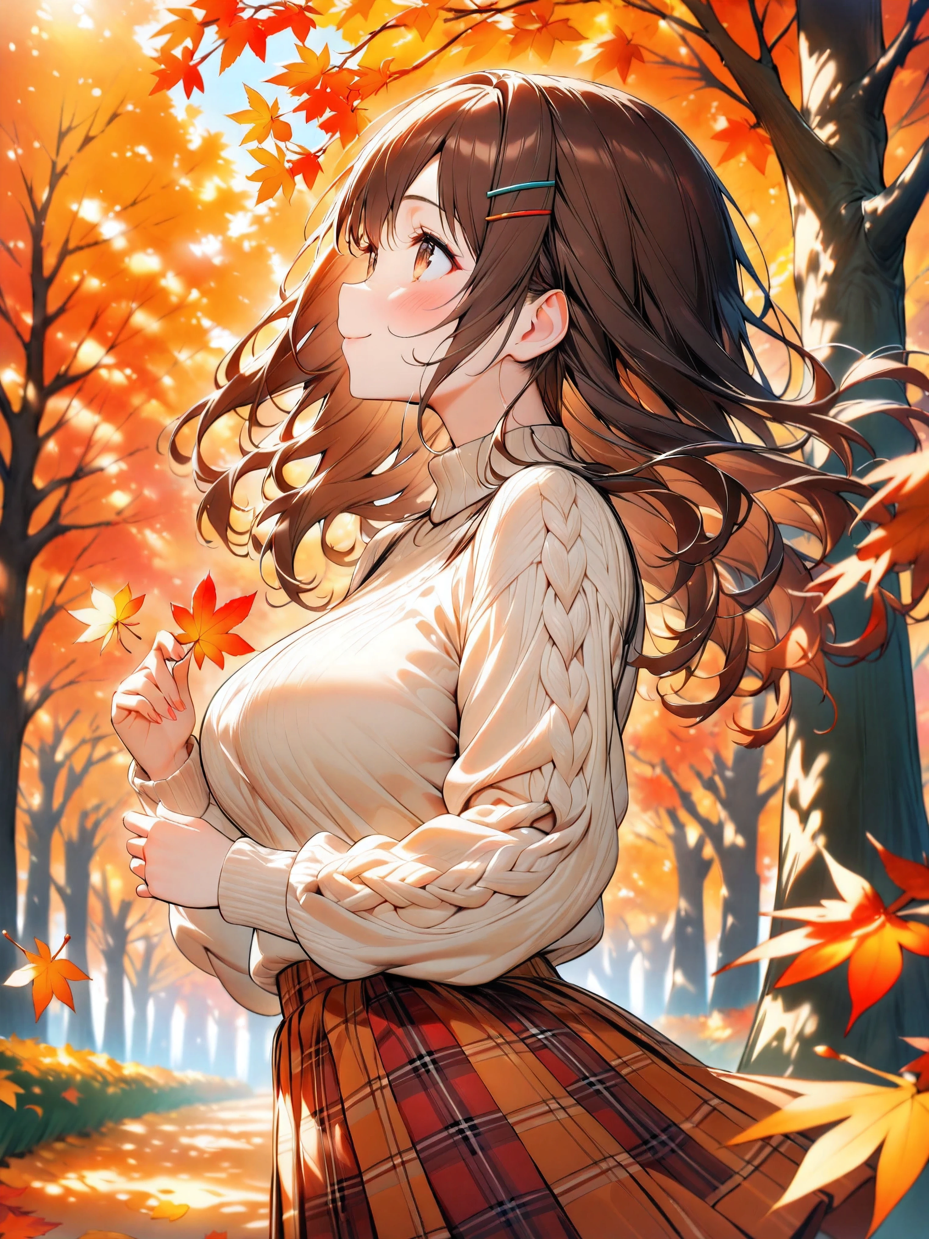 cute girl, (medium hair), (shoulder length hair:1.2), wavy brown hair, colorful hairpins, (bright expressive brown eyes), slight blush, petite body, (short stack), (big breasts:0.4), natural round breasts, profile, looking up, autumn leaves, leaf peeping, cute outfit, knit sweater, plaid skirt, casual autumn clothes, smiling, hair flowing in the wind, holding a red leaf, surrounded by trees in a park, autumn nature, red and orange leaves, clear blue sky, soft sunlight, colorful background, (masterpiece, best Quality, 16k), high Quality Face, highly Quality background