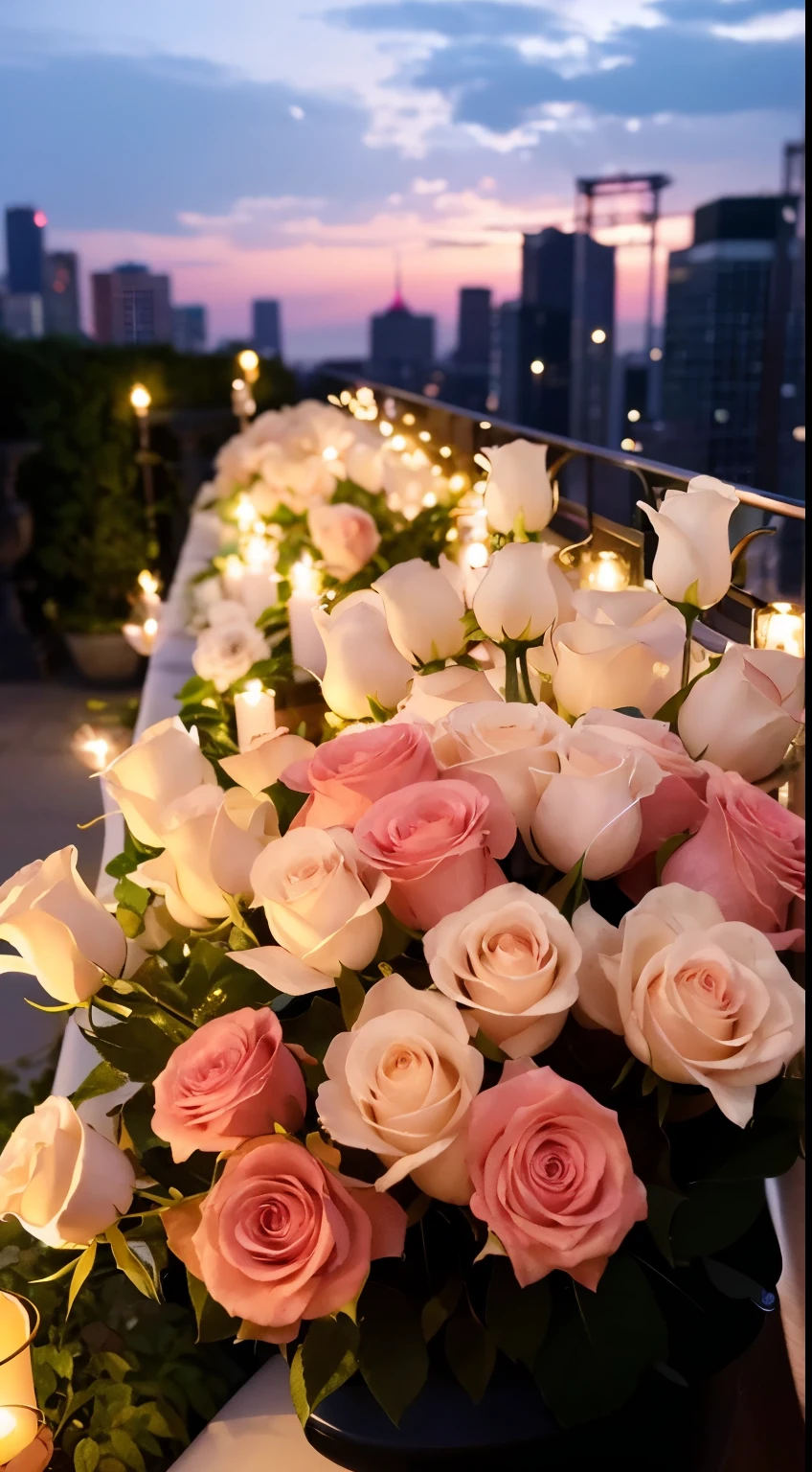 There are many white and pink roses in the vase on the balcony, beautiful ambiance, rooftop romantic, beautiful ambiance, rosette, romantic motifs, Glowing flowers, roses in cinematic light, beutifull, big breasts beautiful, Beautiful image, for a beautiful, rose pink lighting, set in tokyo rooftop, Romantic atmosphere, Beautiful flowers, stunningly realistic, breathtaking realistic