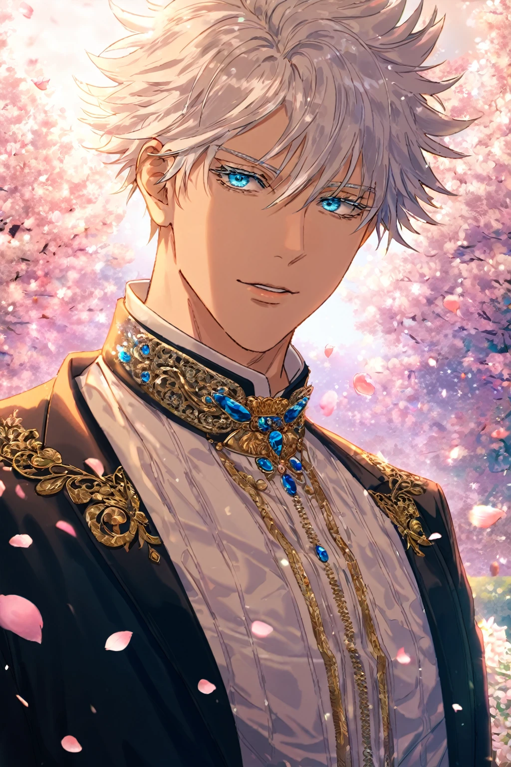 (masterpiece, 8k, best quality:1.3), absurdres, highres, ultra detailed, HDR, (detailed beautiful face and eyes), Cinematic Shot, standing, 1boy, male focus, solo, Gojo Satoru, white hair, short hair, spiky hair, hair between eyes, blue eyes, white eyelashes, (wearing black blaser, white shirt, Fantasy Male Outfits, elegant, intricate jewelry, high fashion), handsome, sexy man, sensual, garden background, fantasy, glittering, petals, (professional lighting), Jujutsu Kaisen, (SuperQuality:1.0) ~ (SuperQuality:1.2)