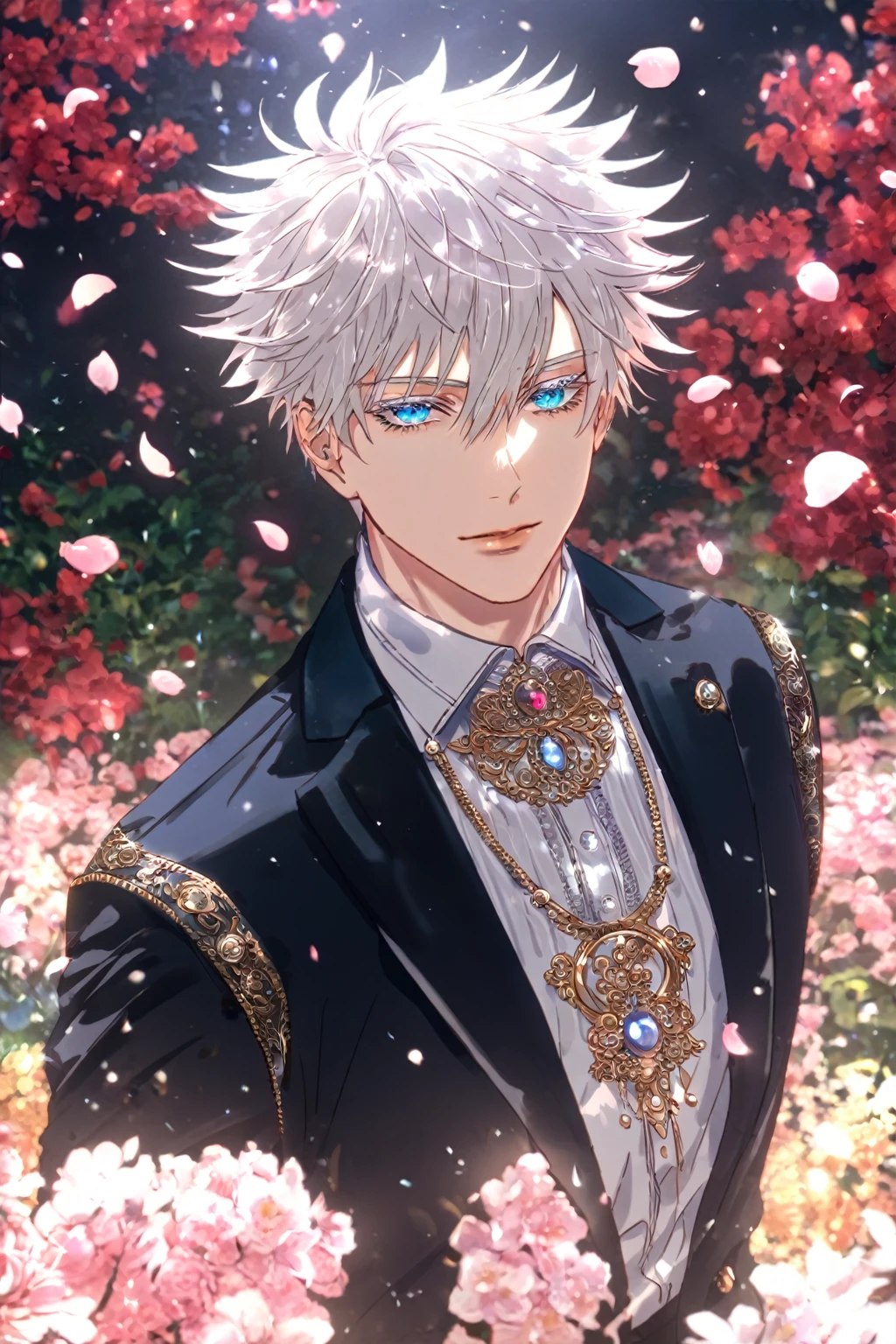 (masterpiece, 8k, best quality:1.3), absurdres, highres, ultra detailed, HDR, (detailed beautiful face and eyes), Cinematic Shot, standing, 1boy, male focus, solo, Gojo Satoru, white hair, short hair, spiky hair, hair between eyes, blue eyes, white eyelashes, (wearing black blaser, white shirt, Fantasy Male Outfits, elegant, intricate jewelry, high fashion), handsome, sexy man, sensual, garden background, fantasy, glittering, petals, (professional lighting), Jujutsu Kaisen, (SuperQuality:1.0) ~ (SuperQuality:1.2)