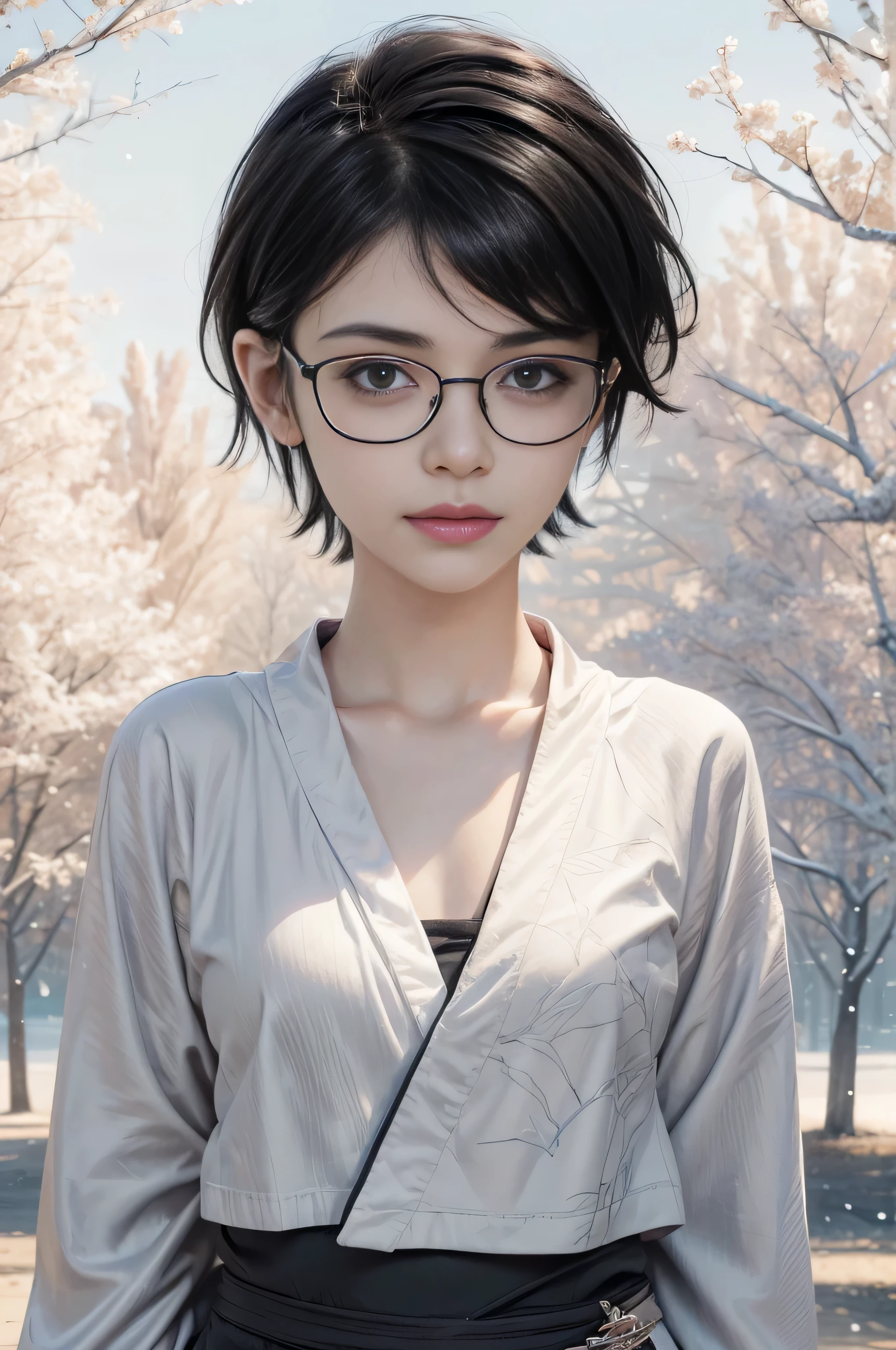 masterpiece, best quality, (realistic,photo-realistic:1.4), (RAW photo:1.2), extremely detailed CG unity 8k wallpaper, delicate and beautiful, amazing,finely detail, official art, absurdres, incredibly absurdres, huge filesize, ultra-detailed,extremely detailed eyes and face,light on face,sarada,(little smile:1.2),(black hair:1.4),(wearing robe:1.5),(very short hair:1.4),nature,sarada uchiha ,(wearing black framed glasses:1.4),(winter background:1.4),(tube top:1.4)