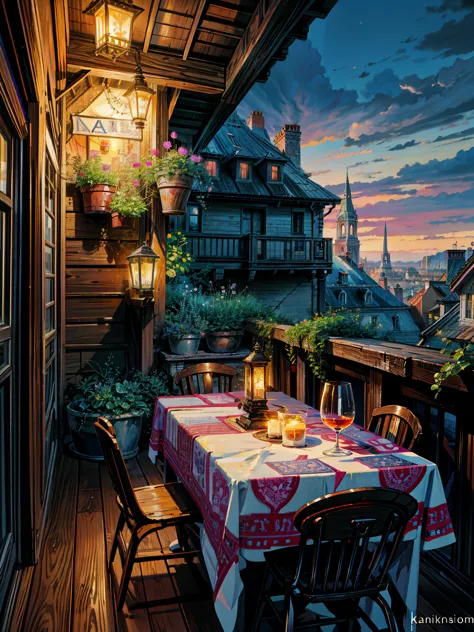 a painting of a table and chairs on a balcony, by Evgeny Lushpin, beautiful terrace, inspired by Evgeny Lushpin, rooftop romantic, romantic atmosphere, tomas kinkade, terrace, dreamy night, paris background, serene evening atmosphere, romantic scene, thomas kinkade style painting, thomas kinkade painting, romanticism painting, kinkade, by Thomas Kinkade,  4k hd,, beautiful art uhd 4 k, a beautiful artwork illustration, beautiful digital painting, highly detailed digital painting, beautiful digital artwork, detailed painting 4 k, very detailed digital painting, rich picturesque colors, gorgeous digital painting