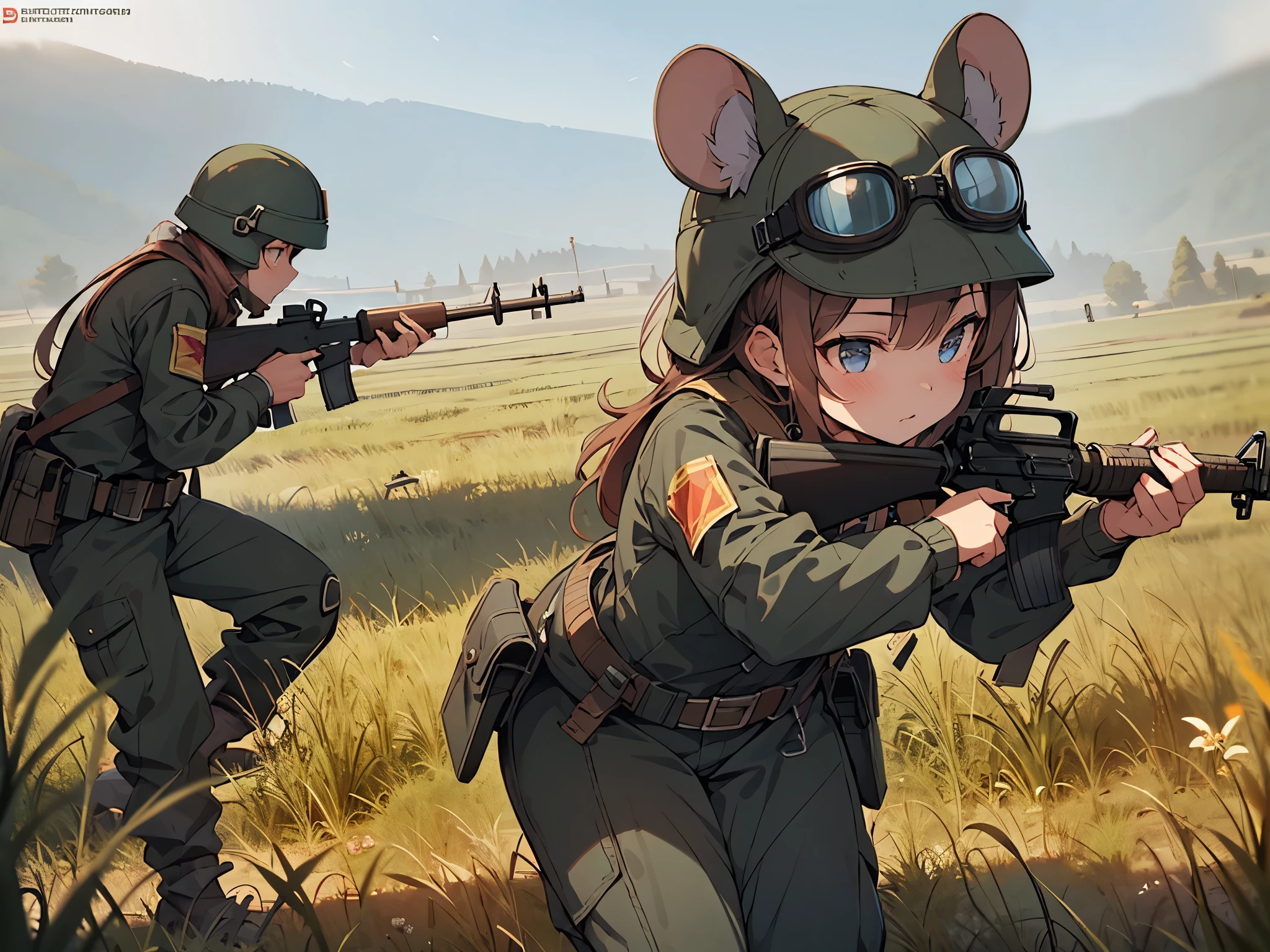 masterpiece, Best Quality, Perfect Face, Highest Resolution, Best Quality,Detailed depiction of the eyes, 8k, Action Shots, RimWorld, ratkin, 1 girl, young, small, Slender body, Mouse Ears, Helmet with goggles, Combat Uniform, battle field, rifle, 