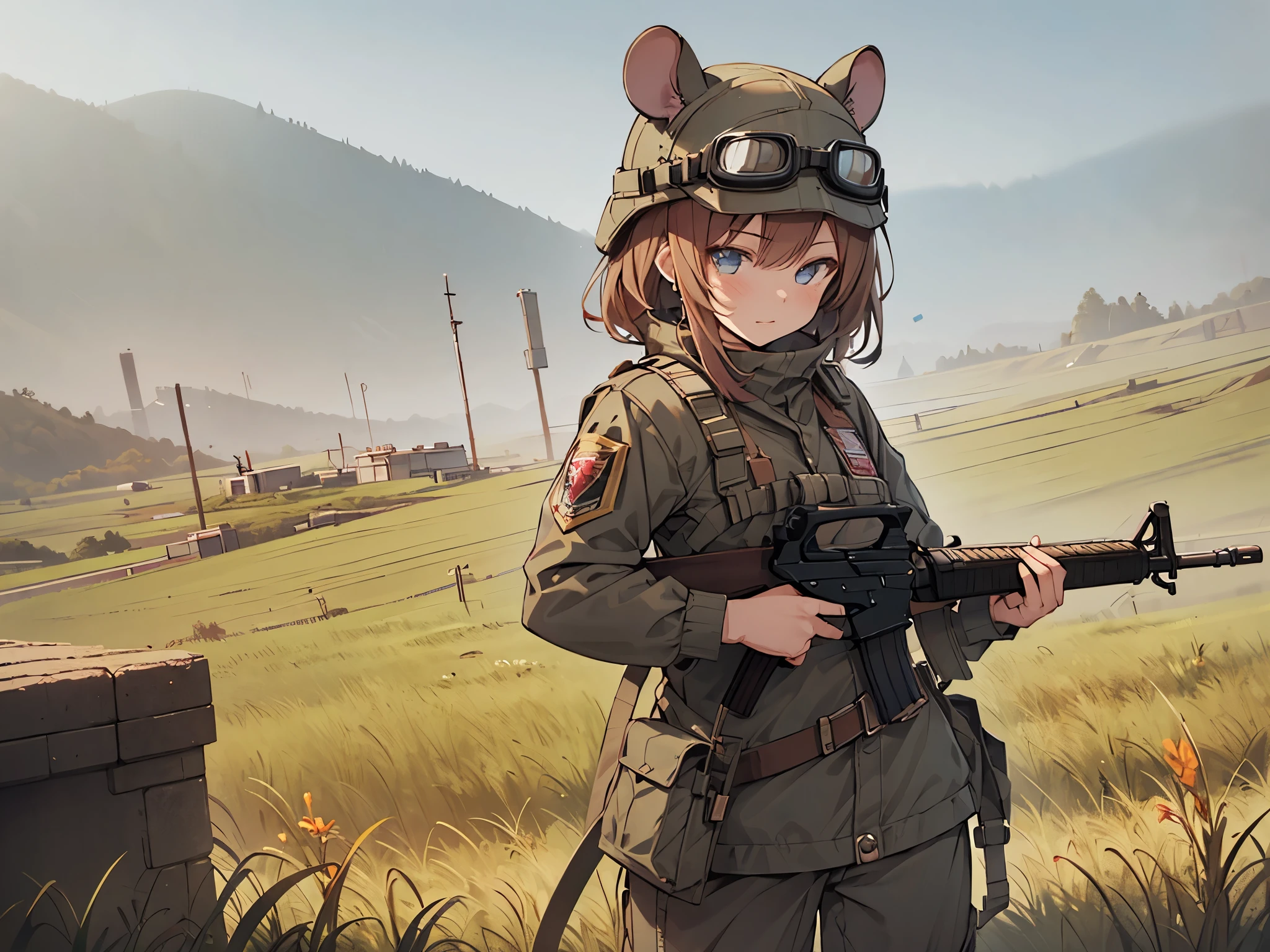 masterpiece, Best Quality, Perfect Face, Highest Resolution, Best Quality,Detailed depiction of the eyes, 8k, RimWorld, ratkin, 1 girl, young, small, Slender body, Mouse Ears, Helmet with goggles, Combat Uniform, battle field, rifle, 