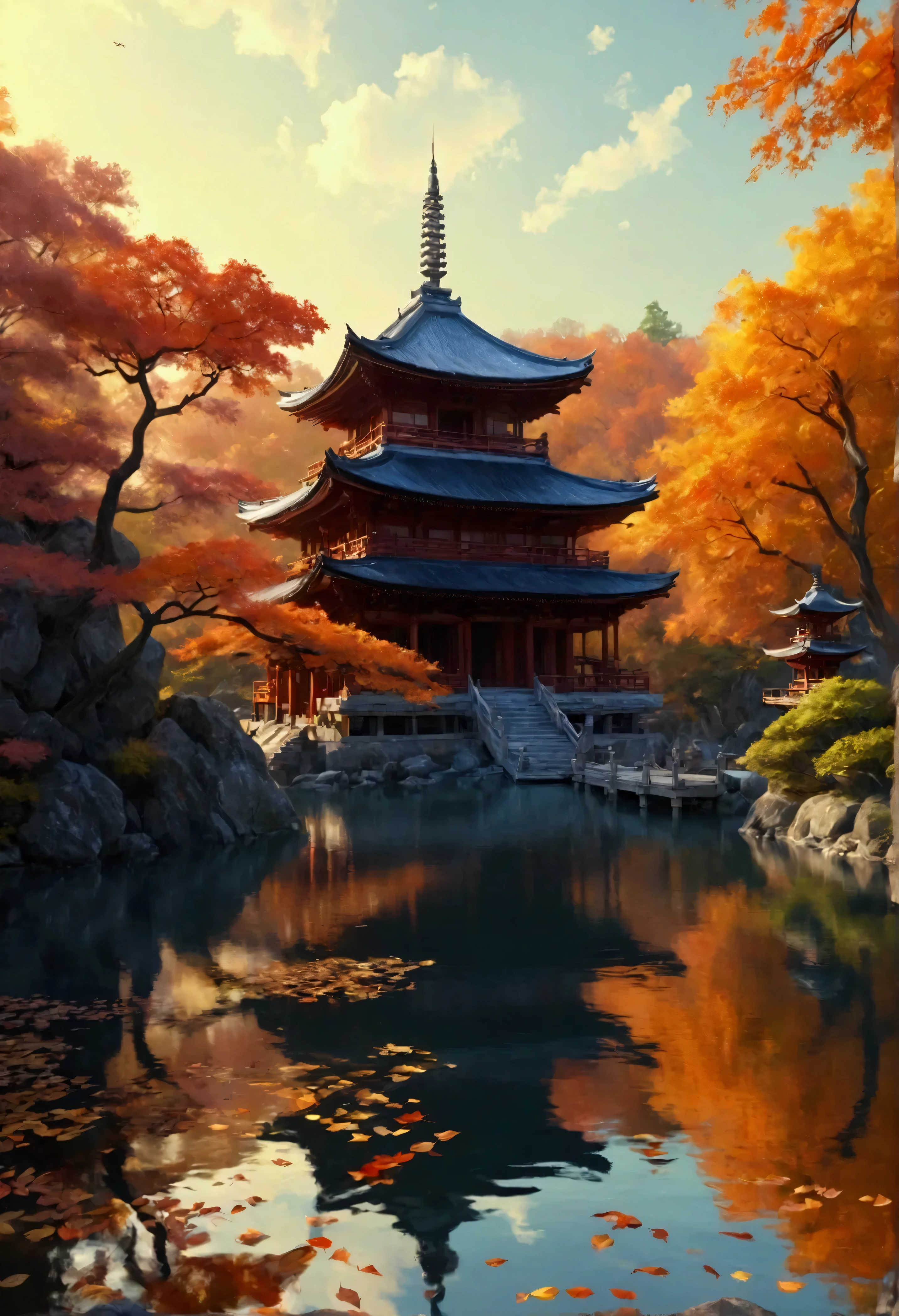 Generate a hyper-realistic digital landscape of a serene Japanese temple nestled near a lake surrounded by a vibrant autumn forest. The scene is inspired by the intricate beauty and serenity seen in works by artists like Katsushika Hokusai, emphasizing harmony between architecture and nature. The autumn trees display brilliant hues of red, orange, and yellow, their reflections shimmering on the still, crystal-clear lake. Use the precision of a Hasselblad H6D-100c camera with a Canon RF 28-70mm f/2L lens, ensuring exceptional sharpness and dynamic range to capture the temple’s detailed wooden structure, while the background softly fades into a subtle bokeh.

For the angle, use a low, wide-angle shot from the lakeshore, framing the temple off-center to follow the rule of thirds. The golden light of the setting sun filters through the autumn leaves, casting a warm, soft glow on the temple’s façade and reflecting on the water. Enhance the rich textures and true-to-life colors in post-processing while maintaining a natural, peaceful atmosphere.