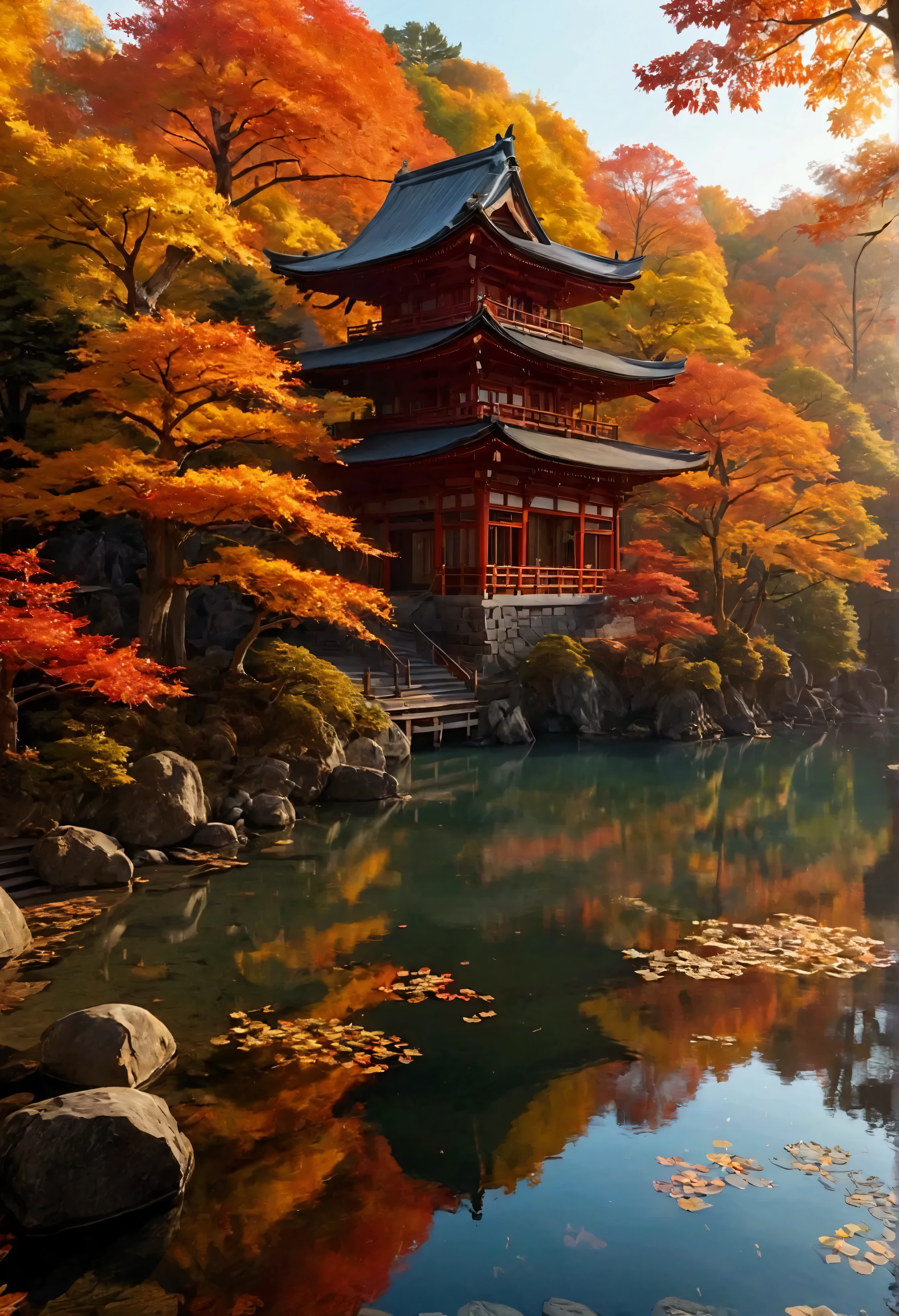 Generate a hyper-realistic digital landscape of a serene Japanese temple nestled near a lake surrounded by a vibrant autumn forest. The scene is inspired by the intricate beauty and serenity seen in works by artists like Katsushika Hokusai, emphasizing harmony between architecture and nature. The autumn trees display brilliant hues of red, orange, and yellow, their reflections shimmering on the still, crystal-clear lake. Use the precision of a Hasselblad H6D-100c camera with a Canon RF 28-70mm f/2L lens, ensuring exceptional sharpness and dynamic range to capture the temple’s detailed wooden structure, while the background softly fades into a subtle bokeh.

For the angle, use a low, wide-angle shot from the lakeshore, framing the temple off-center to follow the rule of thirds. The golden light of the setting sun filters through the autumn leaves, casting a warm, soft glow on the temple’s façade and reflecting on the water. Enhance the rich textures and true-to-life colors in post-processing while maintaining a natural, peaceful atmosphere.