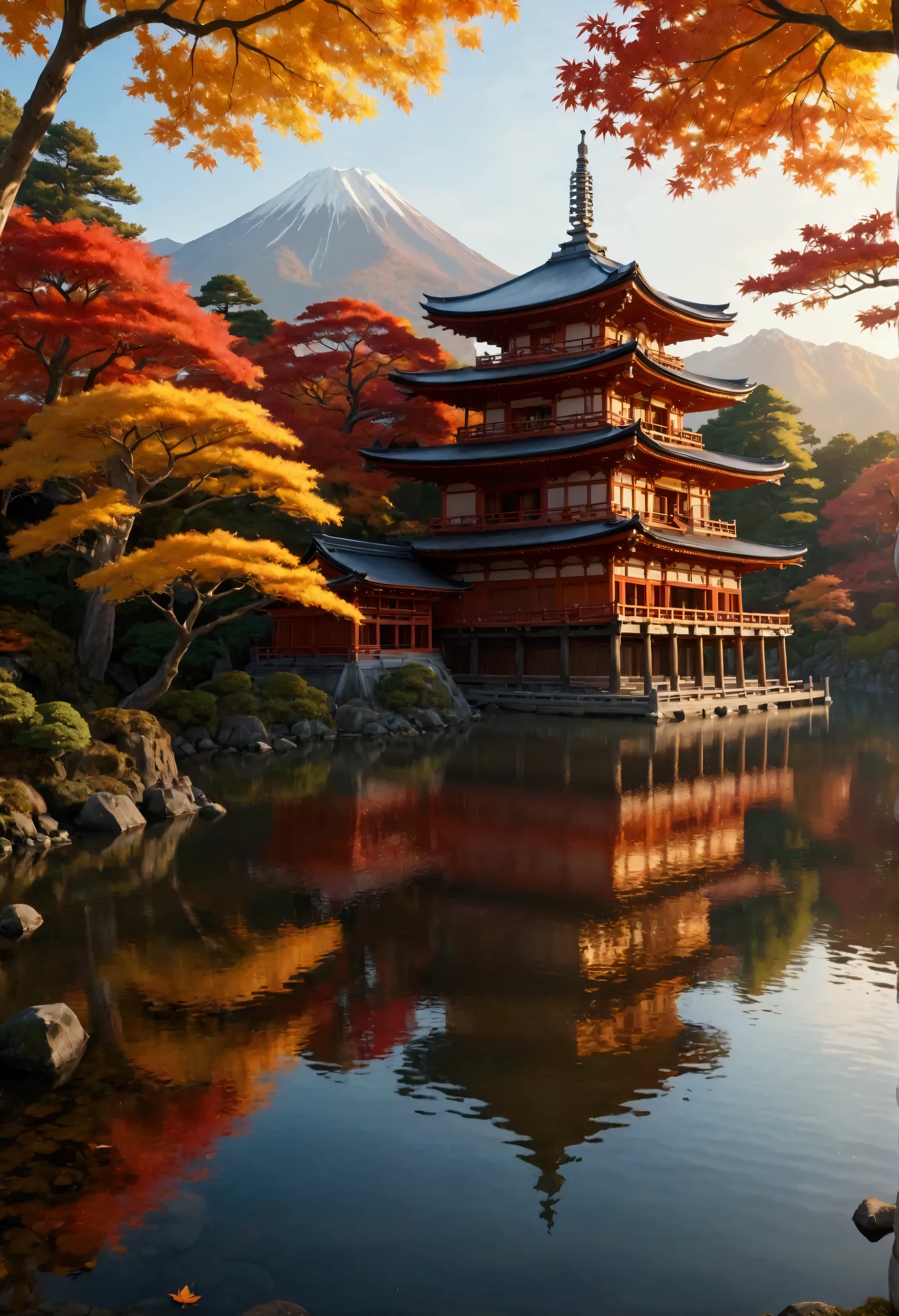 Generate a hyper-realistic digital landscape of a serene Japanese temple nestled near a lake surrounded by a vibrant autumn forest. The scene is inspired by the intricate beauty and serenity seen in works by artists like Katsushika Hokusai, emphasizing harmony between architecture and nature. The autumn trees display brilliant hues of red, orange, and yellow, their reflections shimmering on the still, crystal-clear lake. Use the precision of a Hasselblad H6D-100c camera with a Canon RF 28-70mm f/2L lens, ensuring exceptional sharpness and dynamic range to capture the temple’s detailed wooden structure, while the background softly fades into a subtle bokeh.

For the angle, use a low, wide-angle shot from the lakeshore, framing the temple off-center to follow the rule of thirds. The golden light of the setting sun filters through the autumn leaves, casting a warm, soft glow on the temple’s façade and reflecting on the water. Enhance the rich textures and true-to-life colors in post-processing while maintaining a natural, peaceful atmosphere.