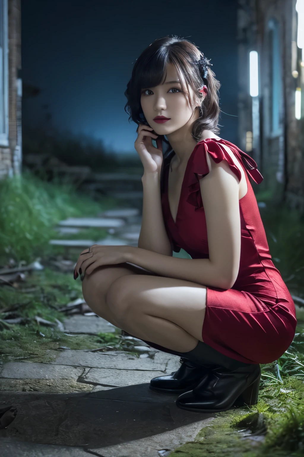 1 girl, (She is wearing a red dress:1.3), (Gothic Makeup), Portrait of a lovely Japanese symphonic metal singer, (RAW Photo Best Quality), (Realistic, Realistic:1.4), (masterpiece), 
But delicate and beautiful, Very detailed, 2k wallpaper, wonderful, finely, Very detailed CG Unity 8K wallpaper, Very detailed, High resolution, Soft light, 
Beautiful detailed girl, Very detailed目と顔, A beautiful and elegant nose, Beautiful Beautiful Eyes, Cinema Lighting, 
(She squats to relieve herself in an abandoned medieval town:1.3), (Night Sky), (Girl full body silhouette:1.2), (Dark screen:1.5), (I am so lonely), 
(short hair), (Messy Hair), (Indigo Color Scheme),
Perfect Anatomy, Slender body, Small breasts