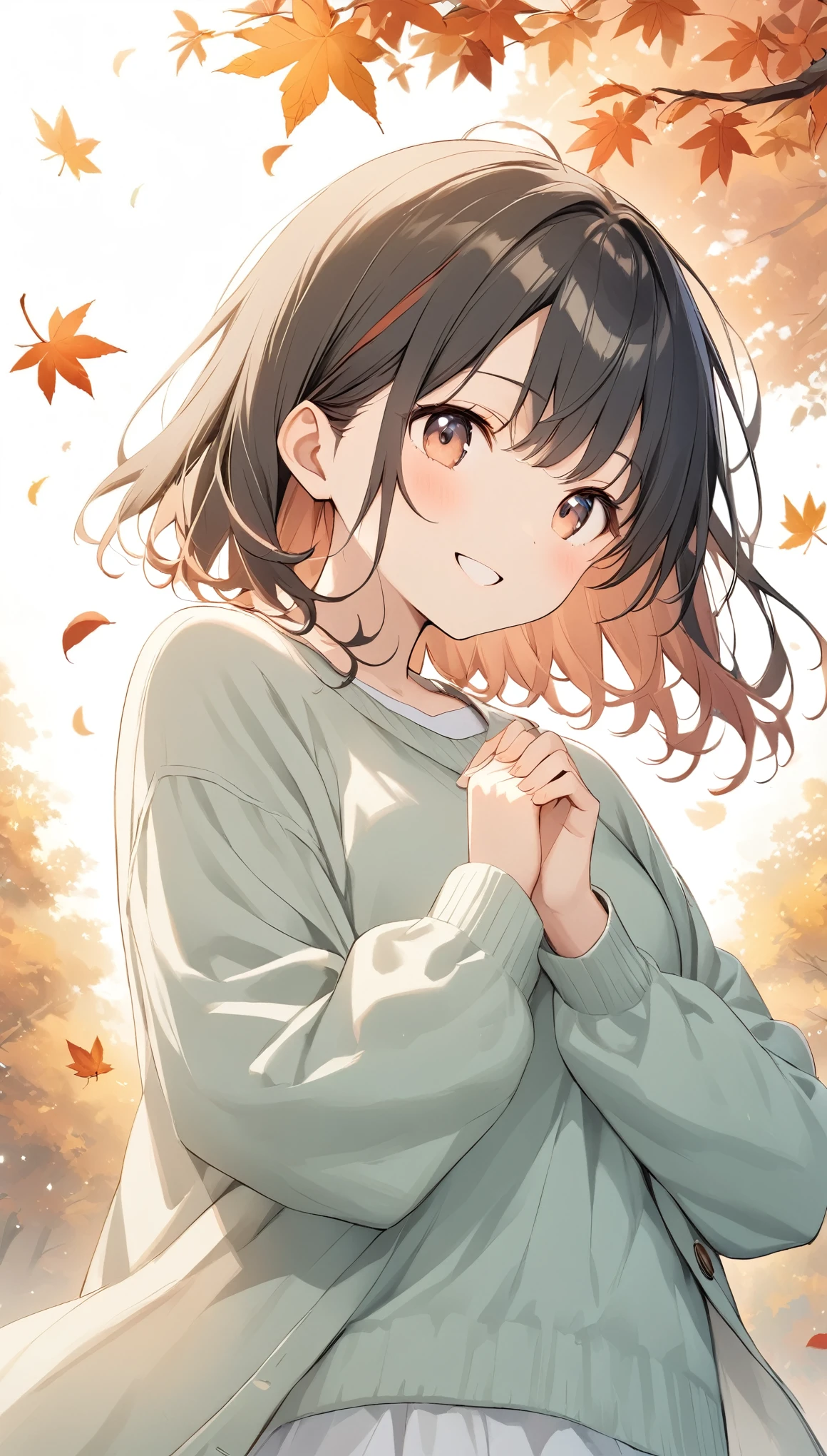 ((Pale lines and soft colors create a dreamlike effect., Fleeting Impressions..)),Warm shades、One Woman、autumn、Autumn leaves background、Falling leaves fluttering down、sweater、muffler、Put your hands behind your back、Girl turning around、Red face、smile