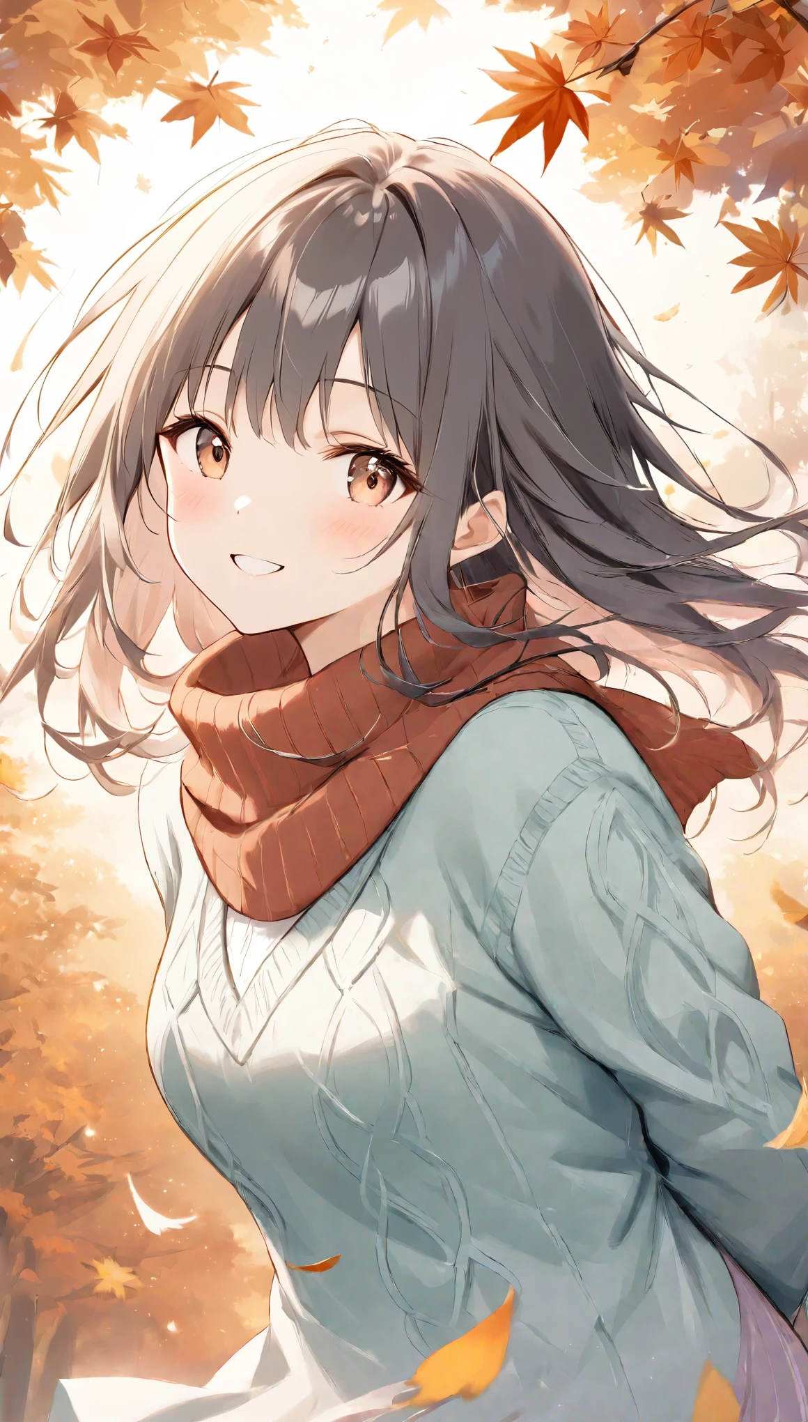 ((Pale lines and soft colors create a dreamlike effect., Fleeting Impressions..)),Warm shades、One Woman、autumn、Autumn leaves background、Falling leaves fluttering down、sweater、muffler、Put your hands behind your back、Girl turning around、Red face、smile