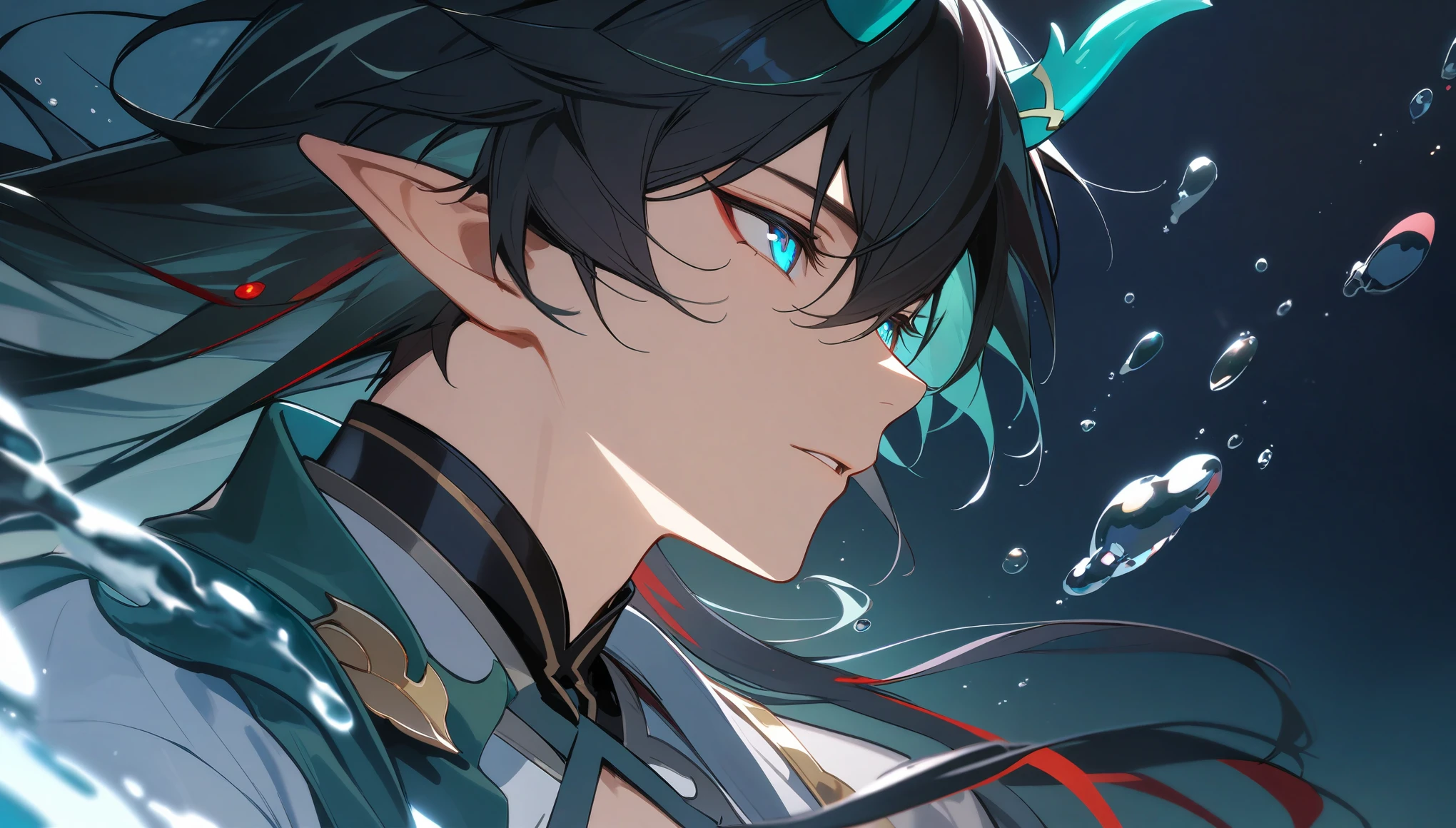 1boy, dan heng, imbibitor lunae, dan heng IL, honkai star rail, elf ears, long hair, black hair, horns, underwater, dark green background, hd eyes, close up, dynamic angle, facing left, (beautiful and aesthetic:1. 5), best quality, high quality,  super detail, best quality, ultra-detailed,dynamic lighting, HD,