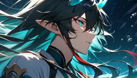 1boy, dan heng, imbibitor lunae, dan heng il, honkai star rail, elf ears, long hair, black hair, horns, underwater, dark green b...