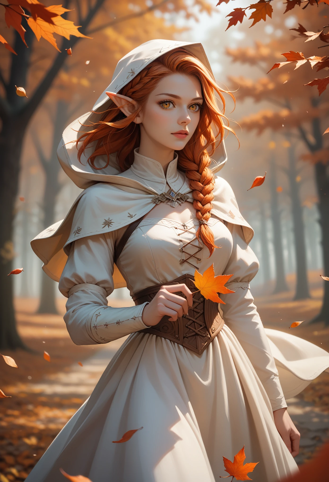 score_9, score_8_up, score_7_up, (masterpiece, UHD, 8K, 16K, ultra detailed), sfw, upperbody shot, 1girl, elf, orange eyes, one side braided hair, ginger hair, holding a red leaf, white dress with hood, intricate details, (murmuring leaves), (wind:1.2), (medieval fantasy), autumn forest background, (depth of field), bokeh, diffused light, dramatic ambient