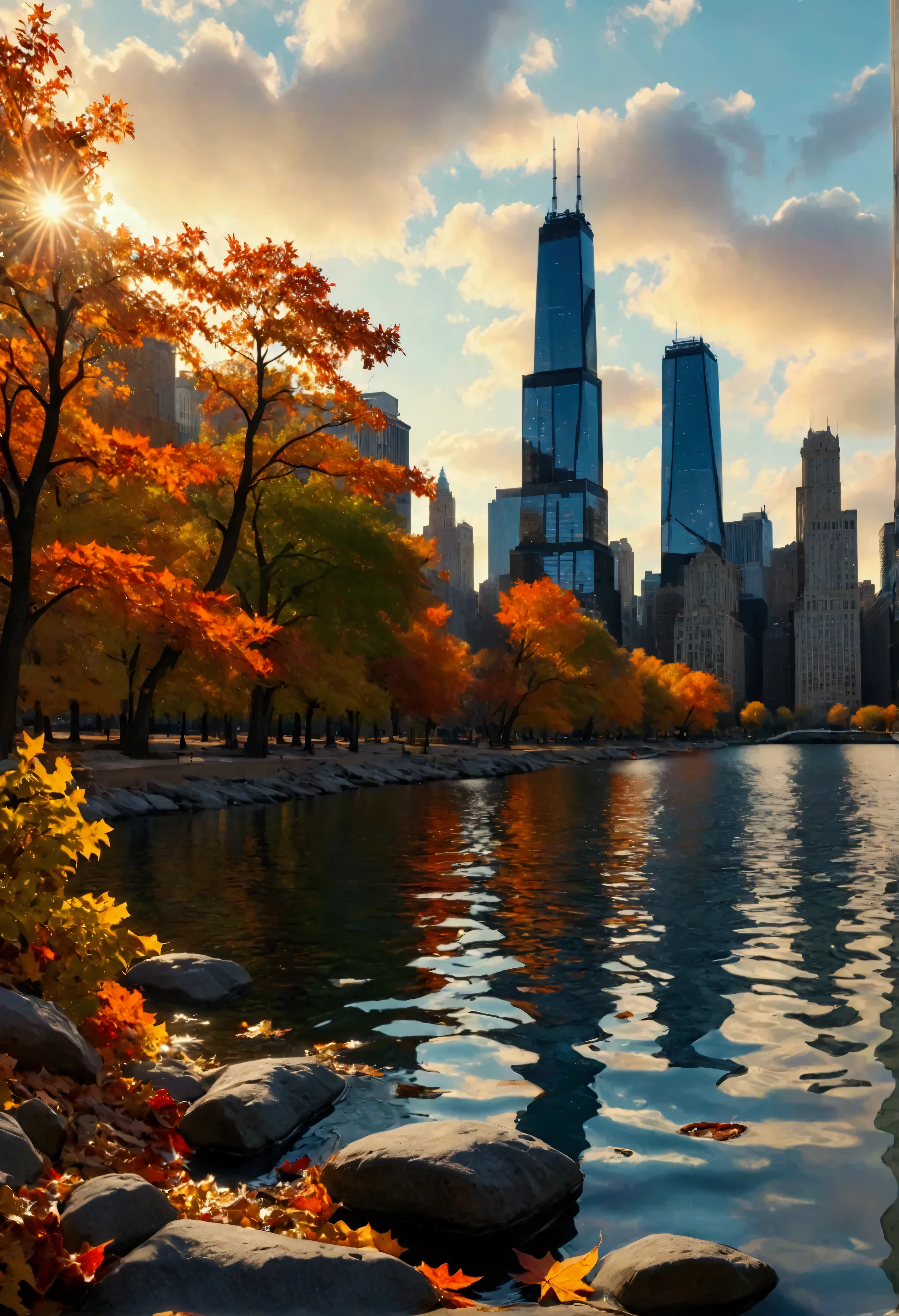 a stunning, photorealistic autumn landscape set along the shores of Lake Michigan with a view of Chicago's iconic skyline. Inspired by the vivid realism of contemporary landscape photography, the scene captures the vibrant autumn hues—deep reds, oranges, and golds—of the trees in parks like Millennium Park and Lincoln Park, which line the waterfront. The calm waters of Lake Michigan reflect both the autumn foliage and the towering skyscrapers of Chicago’s skyline, including famous buildings like the Willis Tower and John Hancock Center. Use the precision of a Hasselblad H6D-100c camera with a Canon RF 28-70mm f/2L lens to capture intricate details, from the texture of the autumn leaves to the reflections of the skyline on the lake.

For the angle, use a wide, panoramic shot taken from the lakeshore, slightly below eye level, to emphasize the expanse of the scene—Lake Michigan in the foreground, with the city skyline stretching into the distance. The sunlight filters through the autumn trees, casting a warm, golden glow on the scene while enhancing the rich colors of the foliage. The deep blue of the lake contrasts beautifully with the warm tones of the leaves and the cool steel and glass of the skyscrapers. In post-processing, apply HDR techniques to balance the lighting and enhance the contrast, ensuring both the urban and natural elements are vividly detailed, creating a harmonious, breathtaking view.