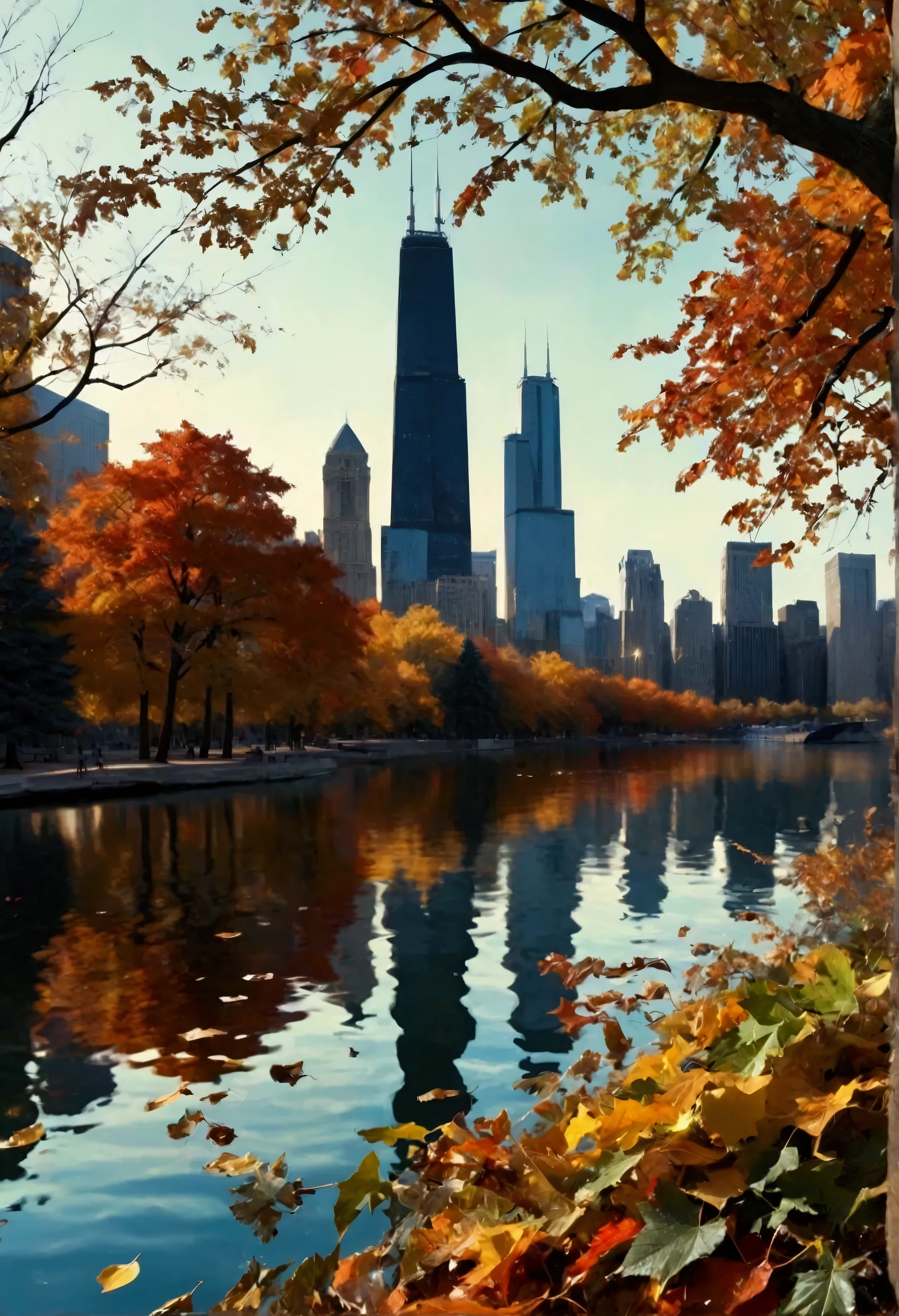 a stunning, photorealistic autumn landscape set along the shores of Lake Michigan with a view of Chicago's iconic skyline. Inspired by the vivid realism of contemporary landscape photography, the scene captures the vibrant autumn hues—deep reds, oranges, and golds—of the trees in parks like Millennium Park and Lincoln Park, which line the waterfront. The calm waters of Lake Michigan reflect both the autumn foliage and the towering skyscrapers of Chicago’s skyline, including famous buildings like the Willis Tower and John Hancock Center. Use the precision of a Hasselblad H6D-100c camera with a Canon RF 28-70mm f/2L lens to capture intricate details, from the texture of the autumn leaves to the reflections of the skyline on the lake.

For the angle, use a wide, panoramic shot taken from the lakeshore, slightly below eye level, to emphasize the expanse of the scene—Lake Michigan in the foreground, with the city skyline stretching into the distance. The sunlight filters through the autumn trees, casting a warm, golden glow on the scene while enhancing the rich colors of the foliage. The deep blue of the lake contrasts beautifully with the warm tones of the leaves and the cool steel and glass of the skyscrapers. In post-processing, apply HDR techniques to balance the lighting and enhance the contrast, ensuring both the urban and natural elements are vividly detailed, creating a harmonious, breathtaking view.