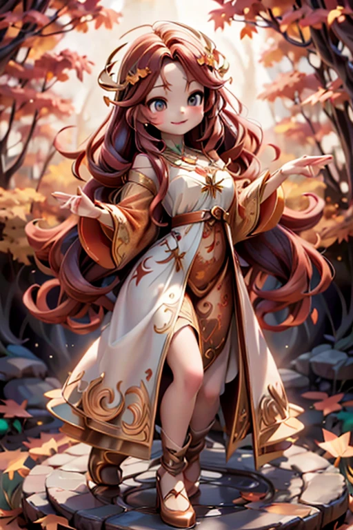 a cute celtic autumn goddess, pumps, joyful dynamic pose, sunset, detailed face and features, porcelain skin, long flowing red hair, delicate ears, intricate circlet headdress, ornate jewelry, flowing autumn leaf patterned dress, glowing golden light, dramatic lighting, mystical atmosphere, vibrant autumn colors, detailed oak tree background, detailed forest background, cinematic angle, photorealistic, 8k, high quality