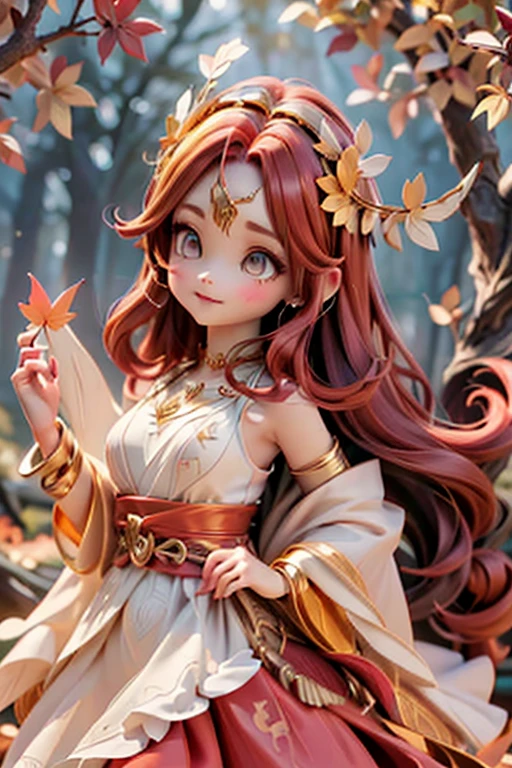 a cute celtic autumn goddess, pumps, joyful dynamic pose, sunset, detailed face and features, porcelain skin, long flowing red hair, delicate ears, intricate circlet headdress, ornate jewelry, flowing autumn leaf patterned dress, glowing golden light, dramatic lighting, mystical atmosphere, vibrant autumn colors, detailed oak tree background, detailed forest background, cinematic angle, photorealistic, 8k, high quality