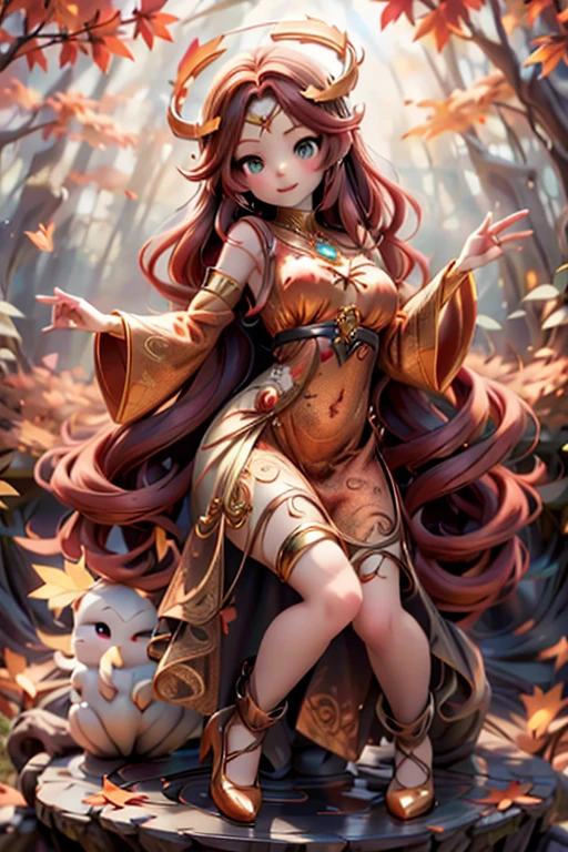 a cute celtic autumn goddess, pumps, joyful dynamic pose, sunset, detailed face and features, porcelain skin, long flowing red hair, delicate ears, intricate circlet headdress, ornate jewelry, flowing autumn leaf patterned dress, glowing golden light, dramatic lighting, mystical atmosphere, vibrant autumn colors, detailed oak tree background, detailed forest background, cinematic angle, photorealistic, 8k, high quality