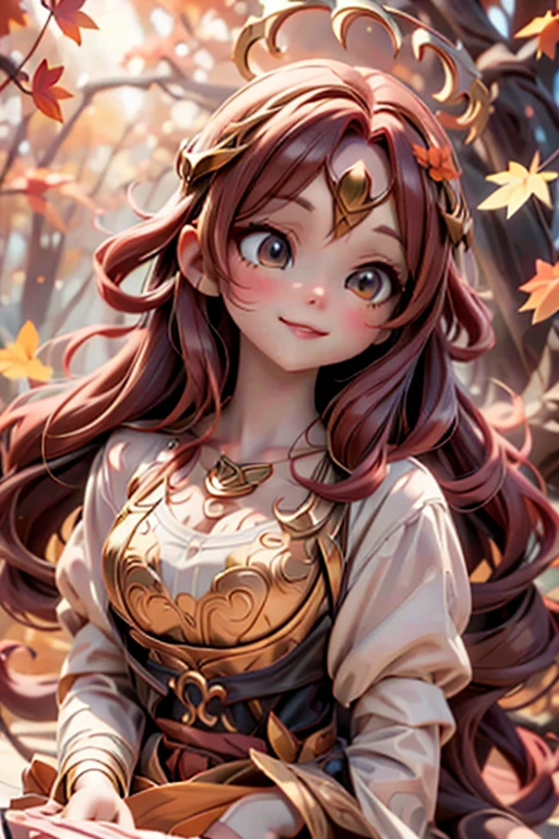 a cute celtic autumn goddess, pumps, joyful dynamic pose, sunset, detailed face and features, porcelain skin, long flowing red hair, delicate ears, intricate circlet headdress, ornate jewelry, flowing autumn leaf patterned dress, glowing golden light, dramatic lighting, mystical atmosphere, vibrant autumn colors, detailed oak tree background, detailed forest background, cinematic angle, photorealistic, 8k, high quality