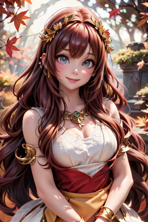 a cute celtic autumn goddess, pumps, joyful dynamic pose, sunset, detailed face and features, porcelain skin, long flowing red hair, delicate ears, intricate circlet headdress, ornate jewelry, flowing autumn leaf patterned dress, glowing golden light, dramatic lighting, mystical atmosphere, vibrant autumn colors, detailed oak tree background, detailed forest background, cinematic angle, photorealistic, 8k, high quality