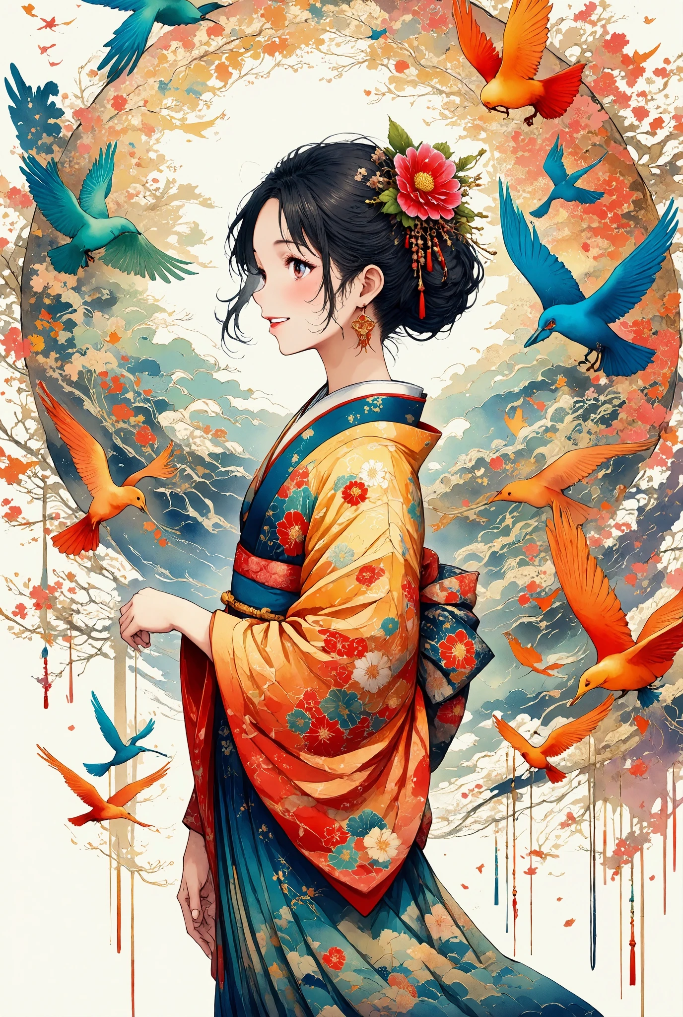 A serene scene featuring a girl in a traditional Japanese kimono, standing gracefully as vibrant birds fly around her. The birds are depicted as colorful silhouettes, each adorned with intricate, traditional Japanese patterns. The entire image has the delicate texture of washi paper, giving it a soft, artistic feel. The colors of the birds blend harmoniously, with shades ranging from deep blues and greens to bright reds and oranges, while their flight creates a swirling motion around the girl, adding a sense of fluidity to the scene.