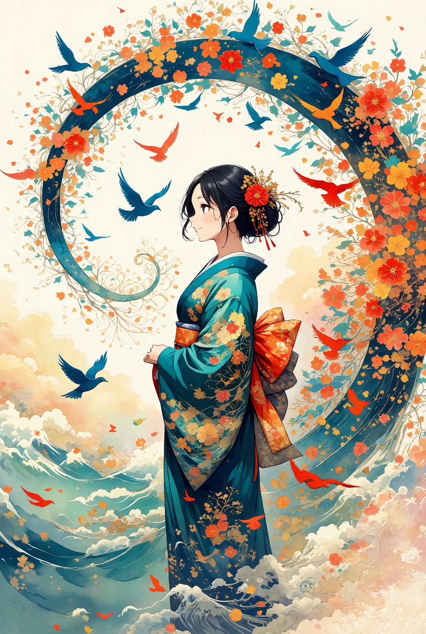 A serene scene featuring a girl in a traditional Japanese kimono, standing gracefully as vibrant birds fly around her. The birds are depicted as colorful silhouettes, each adorned with intricate, traditional Japanese patterns. The entire image has the delicate texture of washi paper, giving it a soft, artistic feel. The colors of the birds blend harmoniously, with shades ranging from deep blues and greens to bright reds and oranges, while their flight creates a swirling motion around the girl, adding a sense of fluidity to the scene.