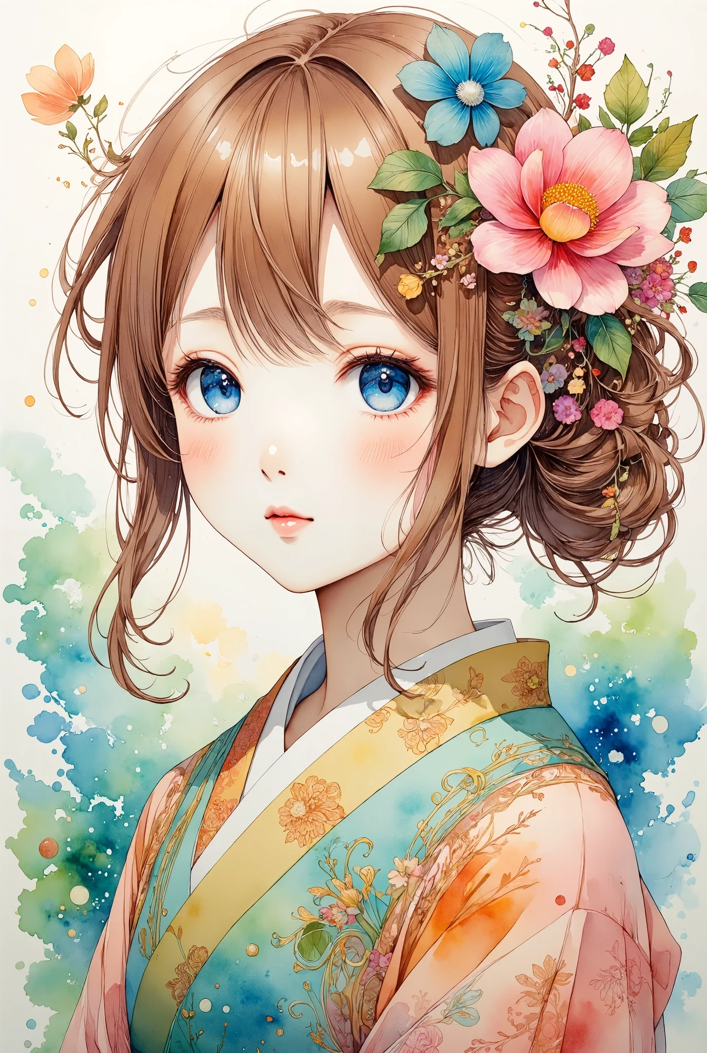 A young girl, beautiful detailed eyes, beautiful detailed lips, extremely detailed face, long eyelashes, watercolor painting style, intricate detailed clothing, delicate facial features, soft lighting, pastel color palette, flowing hair, serene expression, dreamlike atmosphere, natural setting, detailed nature elements, lush foliage, vibrant colors, photorealistic, highly detailed, 8k, best quality