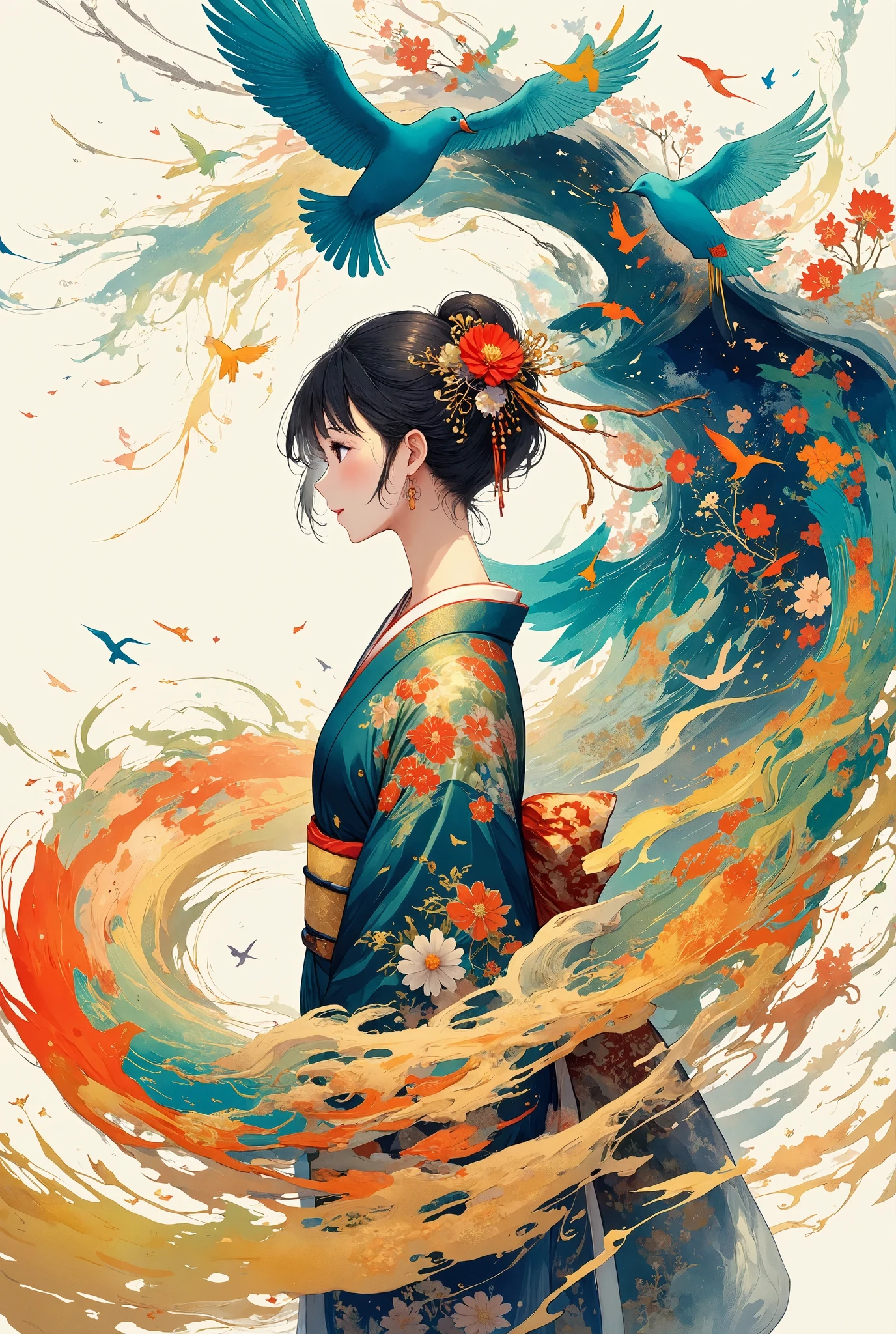 A serene scene featuring a girl in a traditional Japanese kimono, standing gracefully as vibrant birds fly around her. The birds are depicted as colorful silhouettes, each adorned with intricate, traditional Japanese patterns. The entire image has the delicate texture of washi paper, giving it a soft, artistic feel. The colors of the birds blend harmoniously, with shades ranging from deep blues and greens to bright reds and oranges, while their flight creates a swirling motion around the girl, adding a sense of fluidity to the scene.