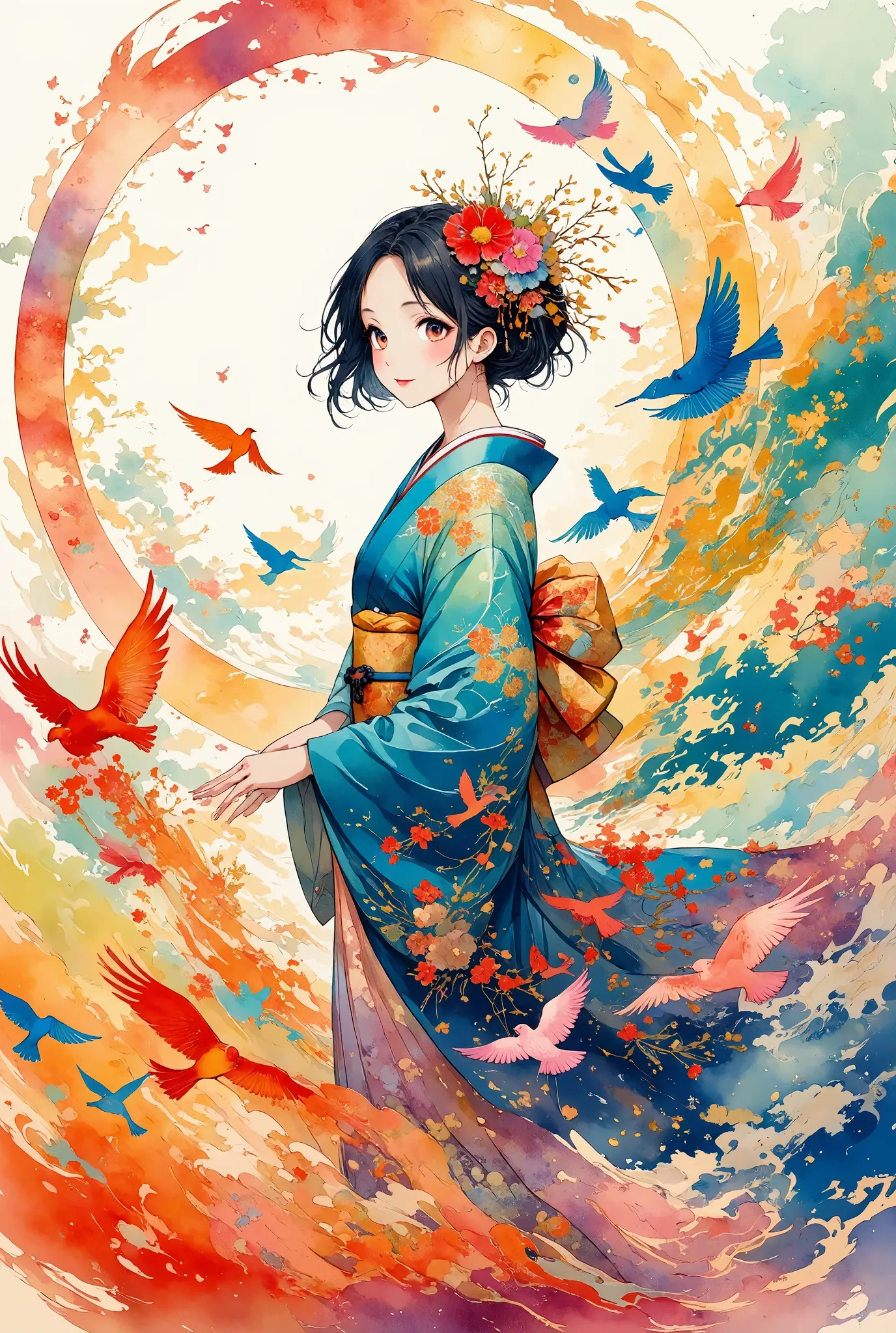 a serene scene featuring a girl in a traditional japanese kimono, standing gracefully as vibrant birds fly around her. the birds...