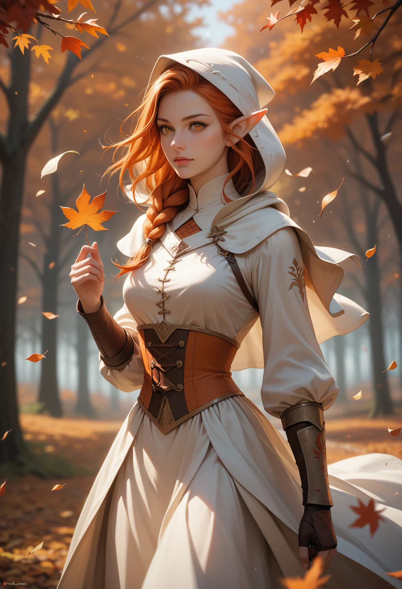 score_9, score_8_up, score_7_up, (masterpiece, UHD, 8K, 16K, ultra detailed), sfw, upperbody shot, 1girl, elf, orange eyes, one side braided hair, ginger hair, holding a red leaf, white dress with hood, intricate details, (murmuring leaves), (wind:1.2), (medieval fantasy), autumn forest background, (depth of field), bokeh, diffused light, dramatic ambient